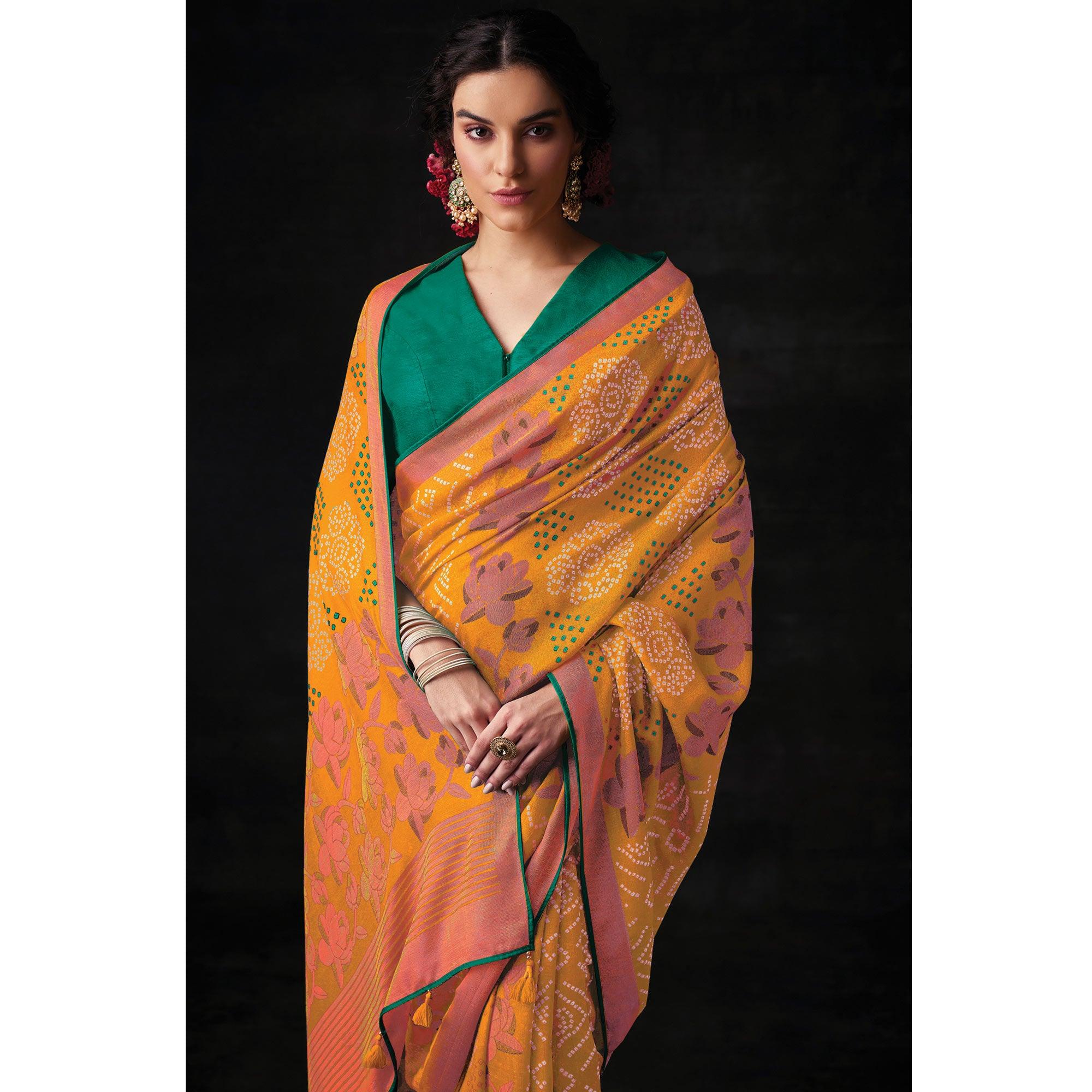 Mustard Bandhani Printed Brasso Saree - Peachmode
