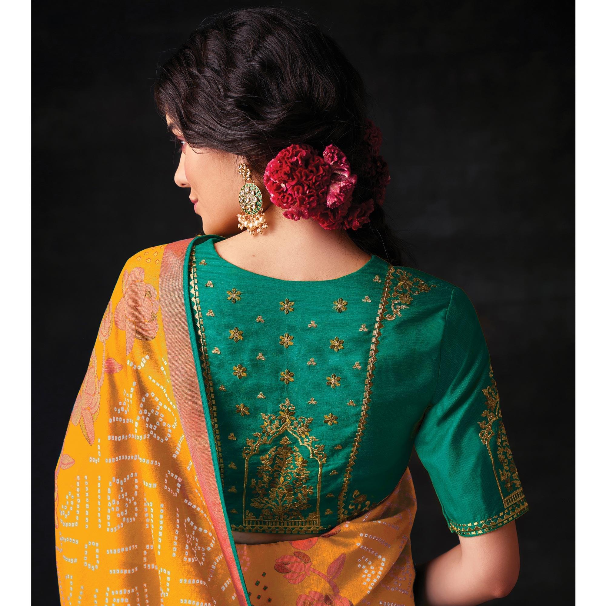 Mustard Bandhani Printed Brasso Saree - Peachmode
