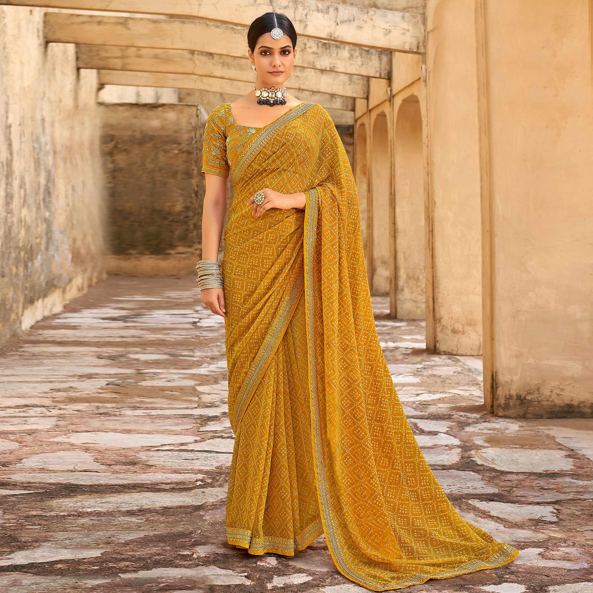 Mustard Bandhani Printed Georgette Saree - Peachmode