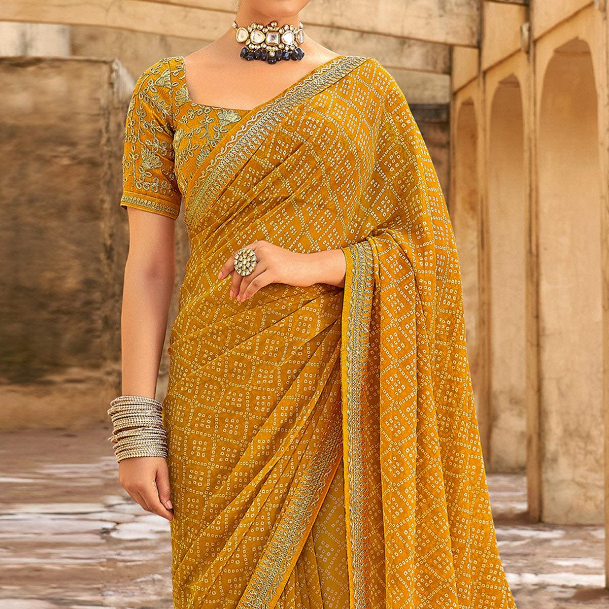 Mustard Bandhani Printed Georgette Saree - Peachmode