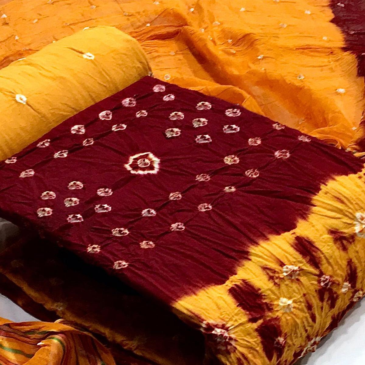 Mustard Bandhani Printed Poly Cotton Dress Material - Peachmode