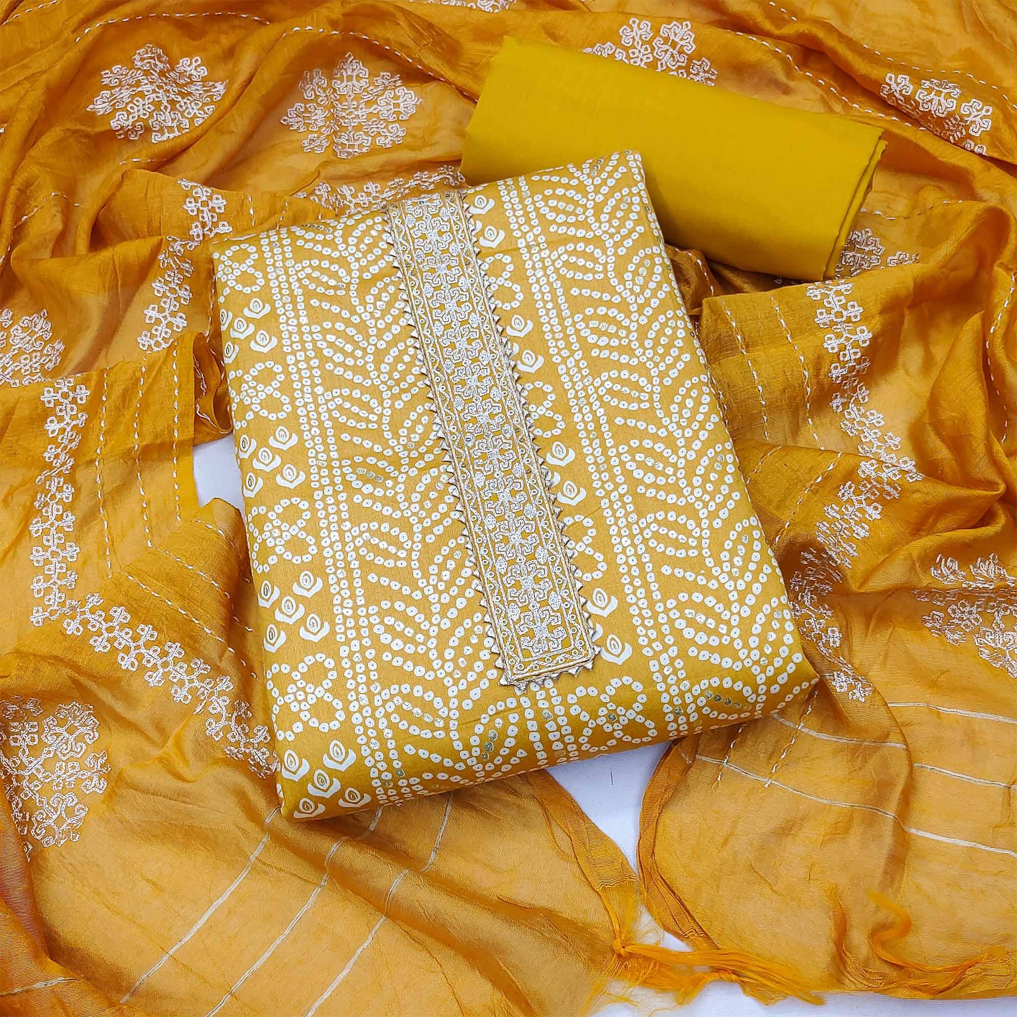 Mustard Bandhani Printed Pure Cotton Dress Material - Peachmode