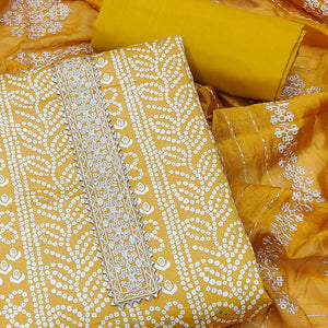 Mustard Bandhani Printed Pure Cotton Dress Material - Peachmode