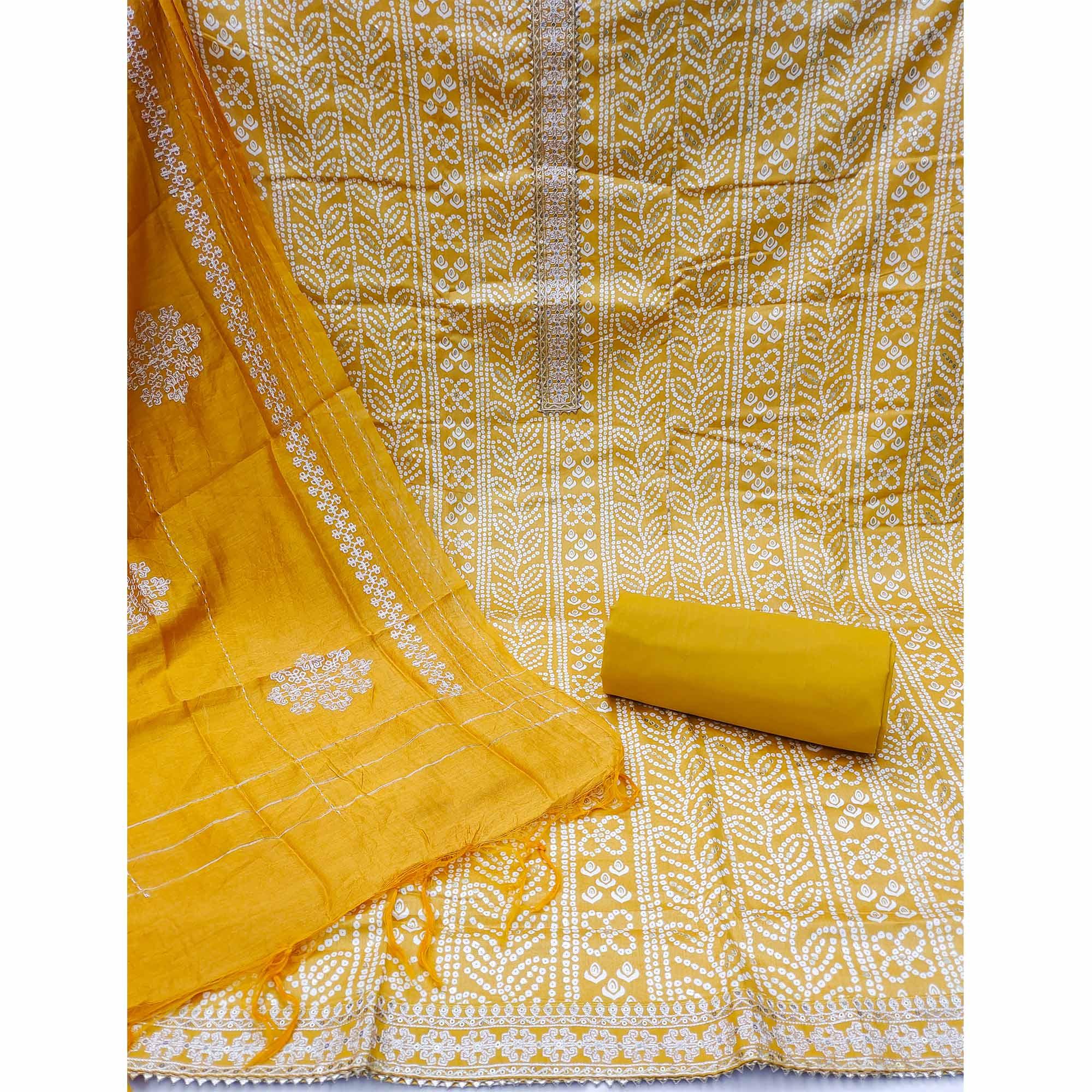Mustard Bandhani Printed Pure Cotton Dress Material - Peachmode
