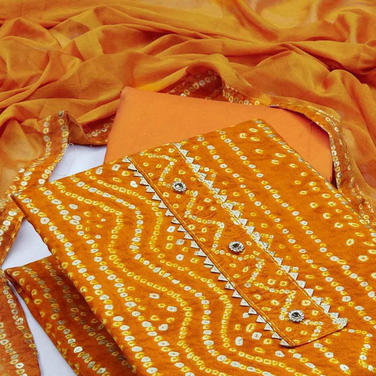 Mustard Bandhani Printed Rayon Dress Material - Peachmode