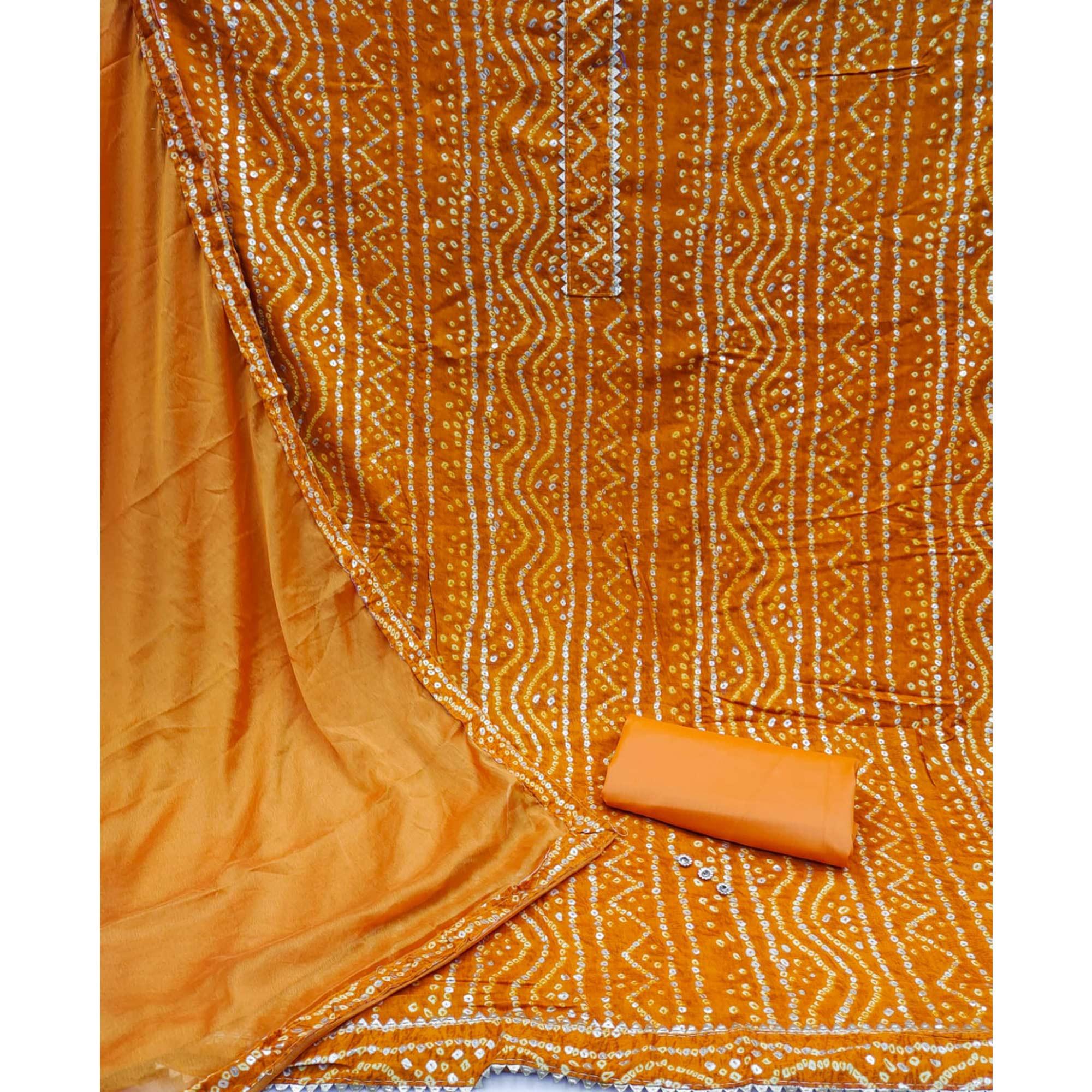 Mustard Bandhani Printed Rayon Dress Material - Peachmode