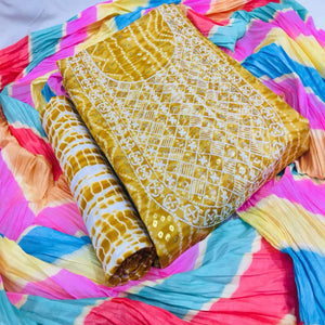 Mustard Bandhani Printed With Embellished Cotton Blend Dress Material - Peachmode