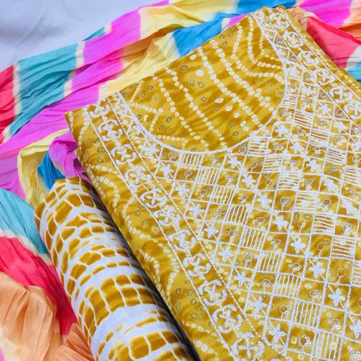 Mustard Bandhani Printed With Embellished Cotton Blend Dress Material - Peachmode