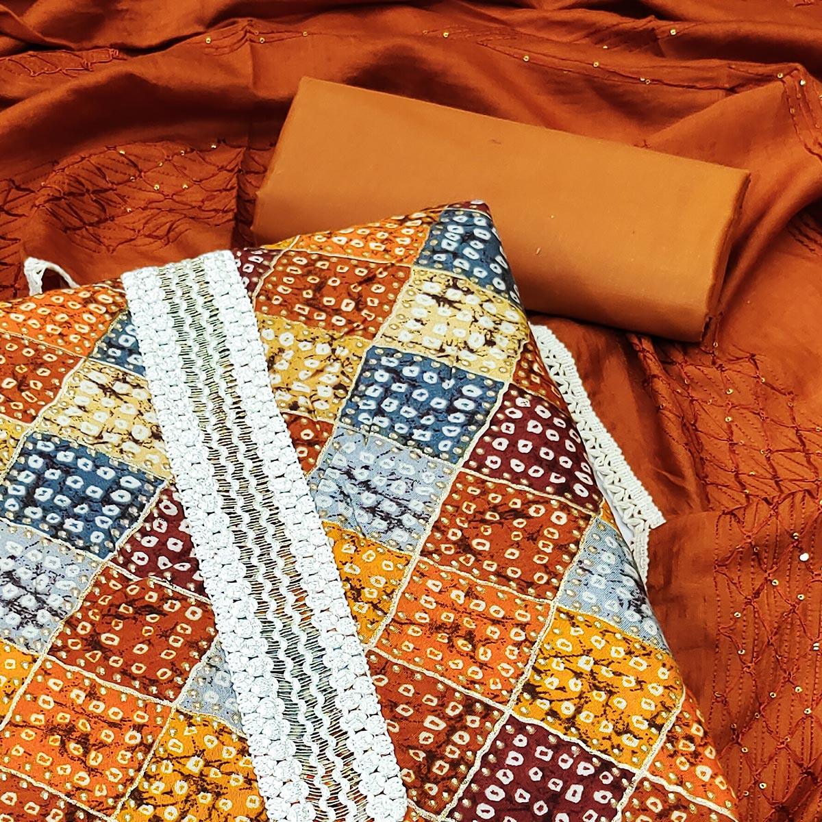 Mustard Bandhani Printed With Sequence Work Pure Cotton Dress Material - Peachmode