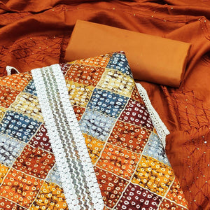 Mustard Bandhani Printed With Sequence Work Pure Cotton Dress Material - Peachmode