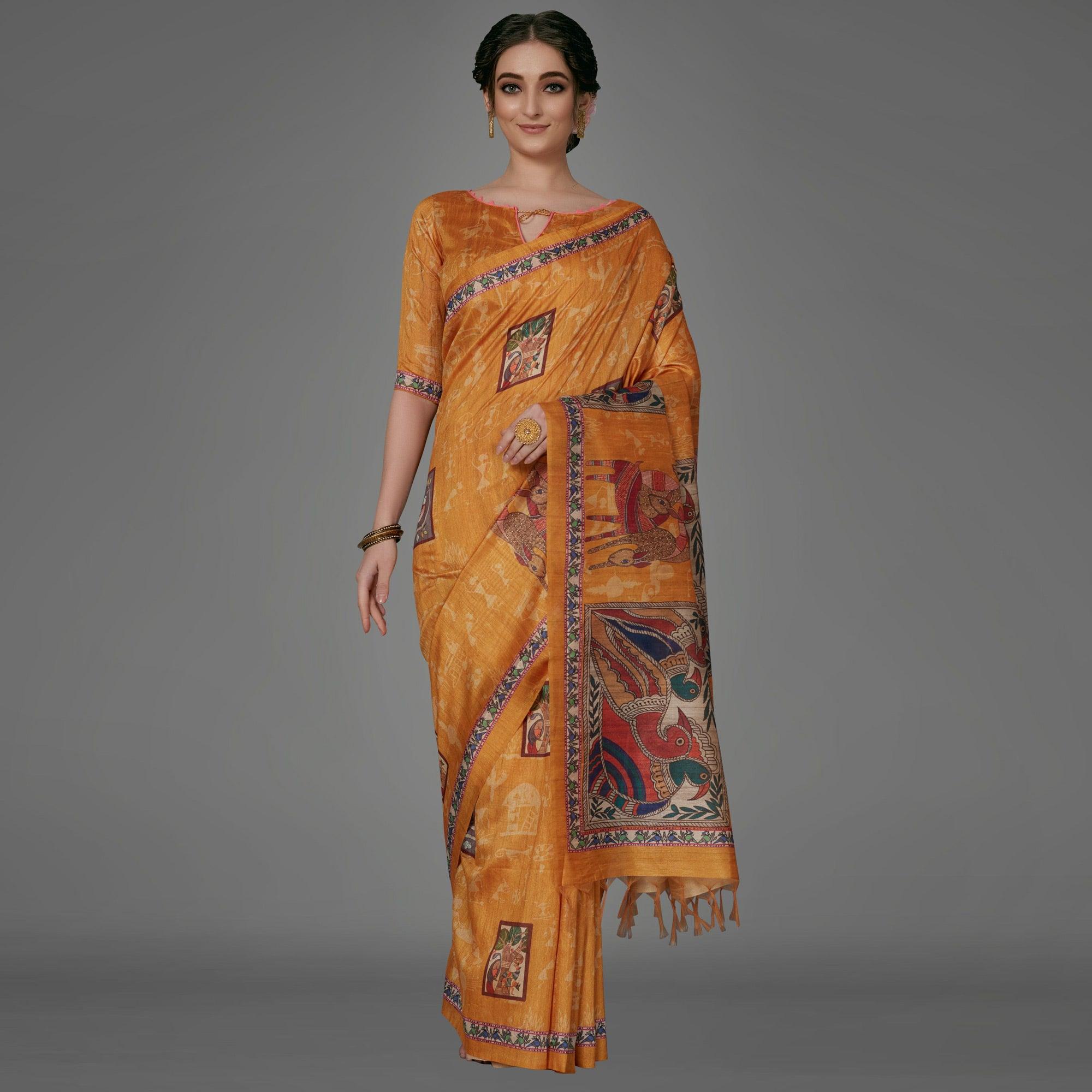 Mustard Casual Art Silk Printed Saree With Unstitched Blouse - Peachmode