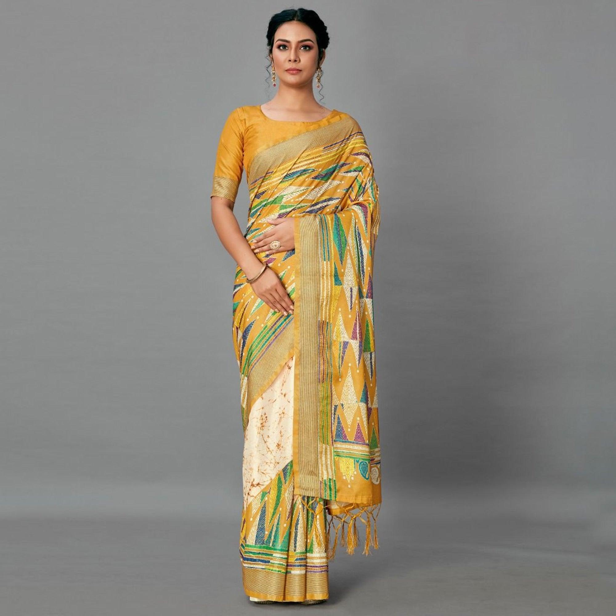 Mustard Casual Art Silk Printed Saree With Unstitched Blouse - Peachmode