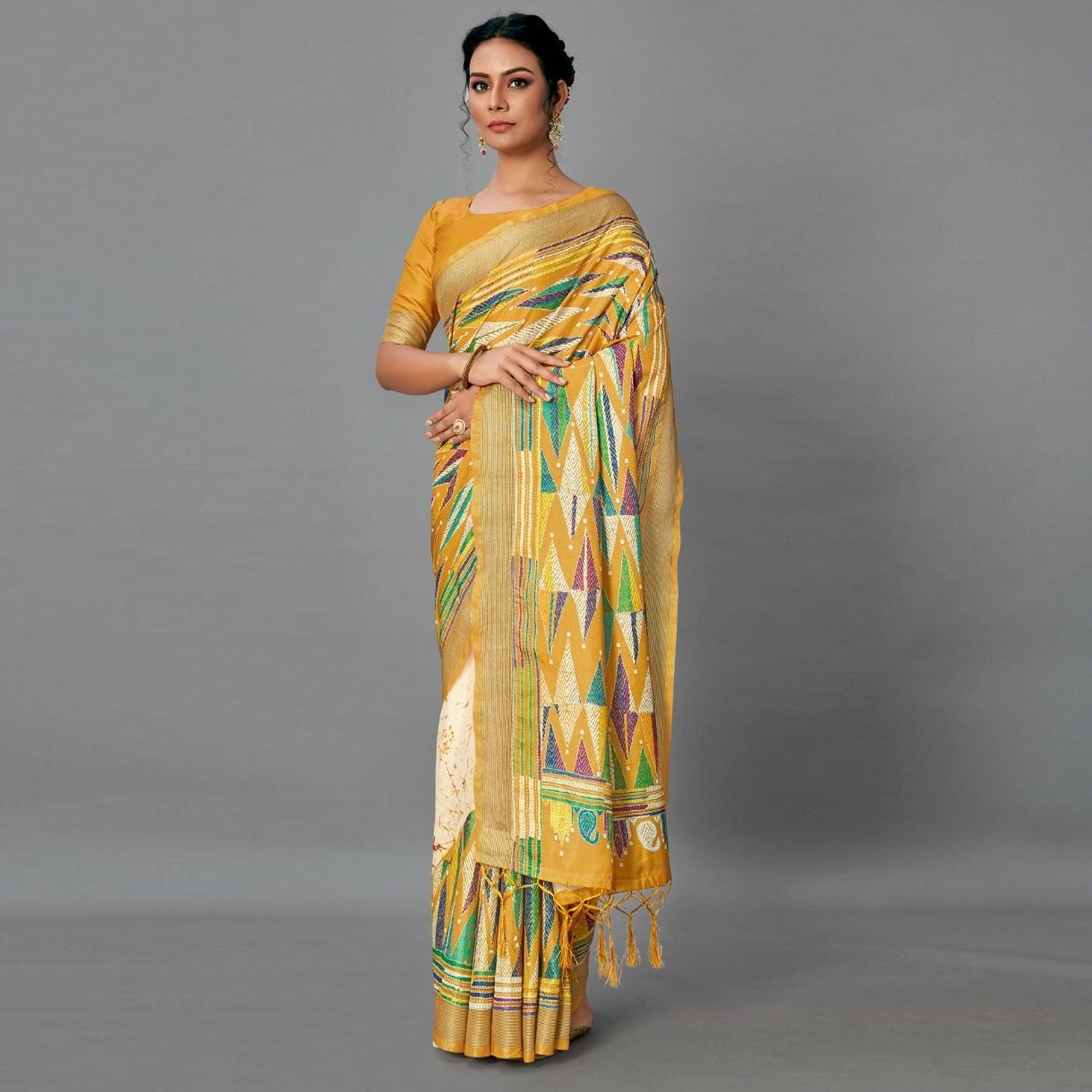 Mustard Casual Art Silk Printed Saree With Unstitched Blouse - Peachmode