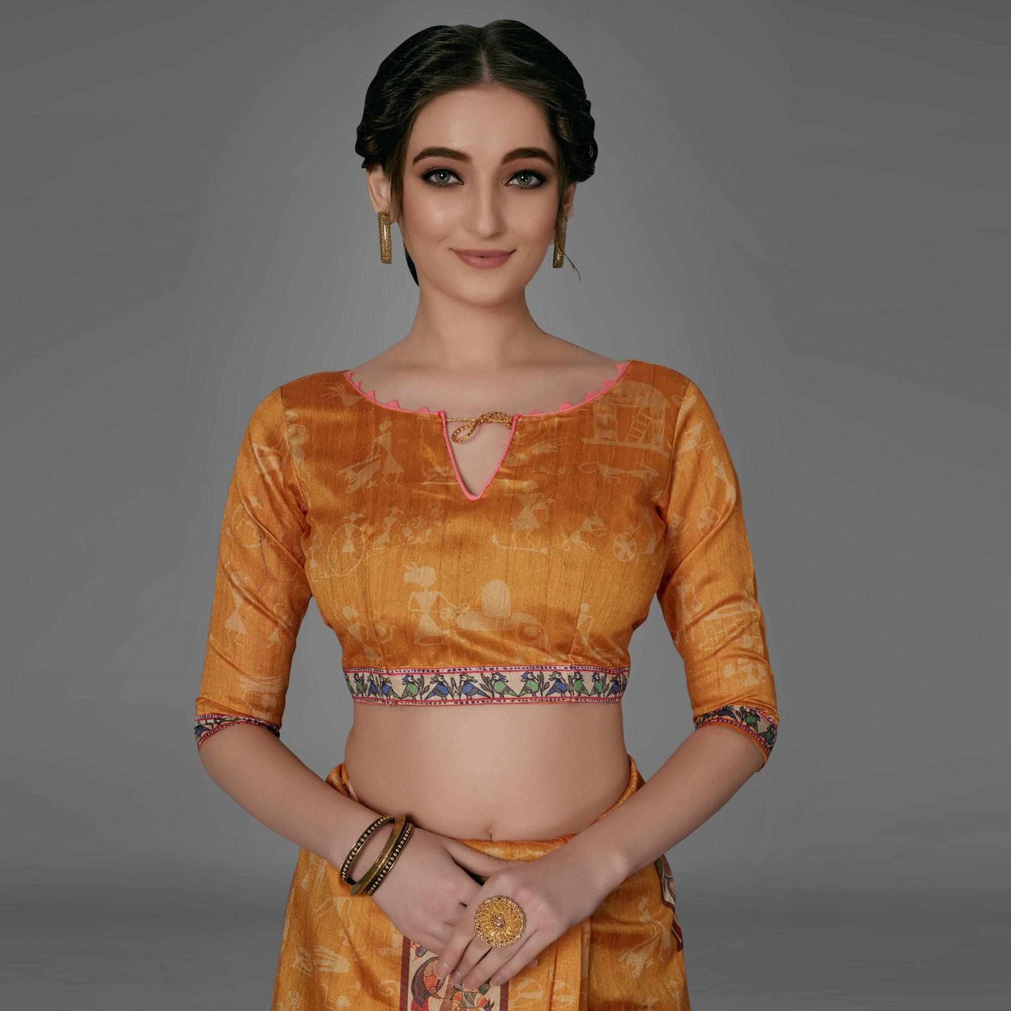 Mustard Casual Art Silk Printed Saree With Unstitched Blouse - Peachmode