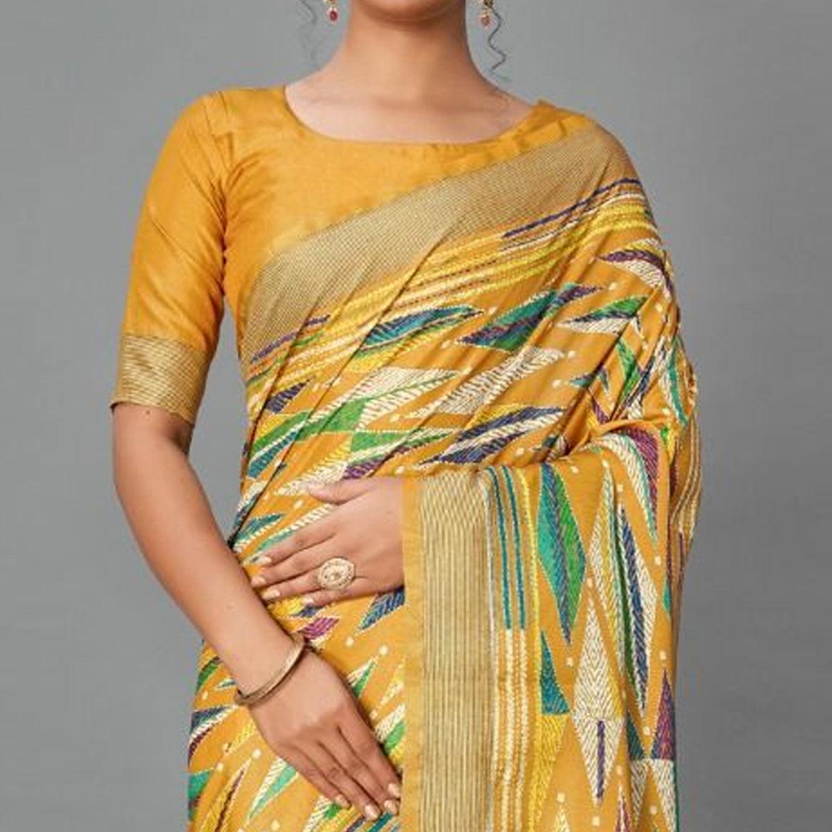 Mustard Casual Art Silk Printed Saree With Unstitched Blouse - Peachmode