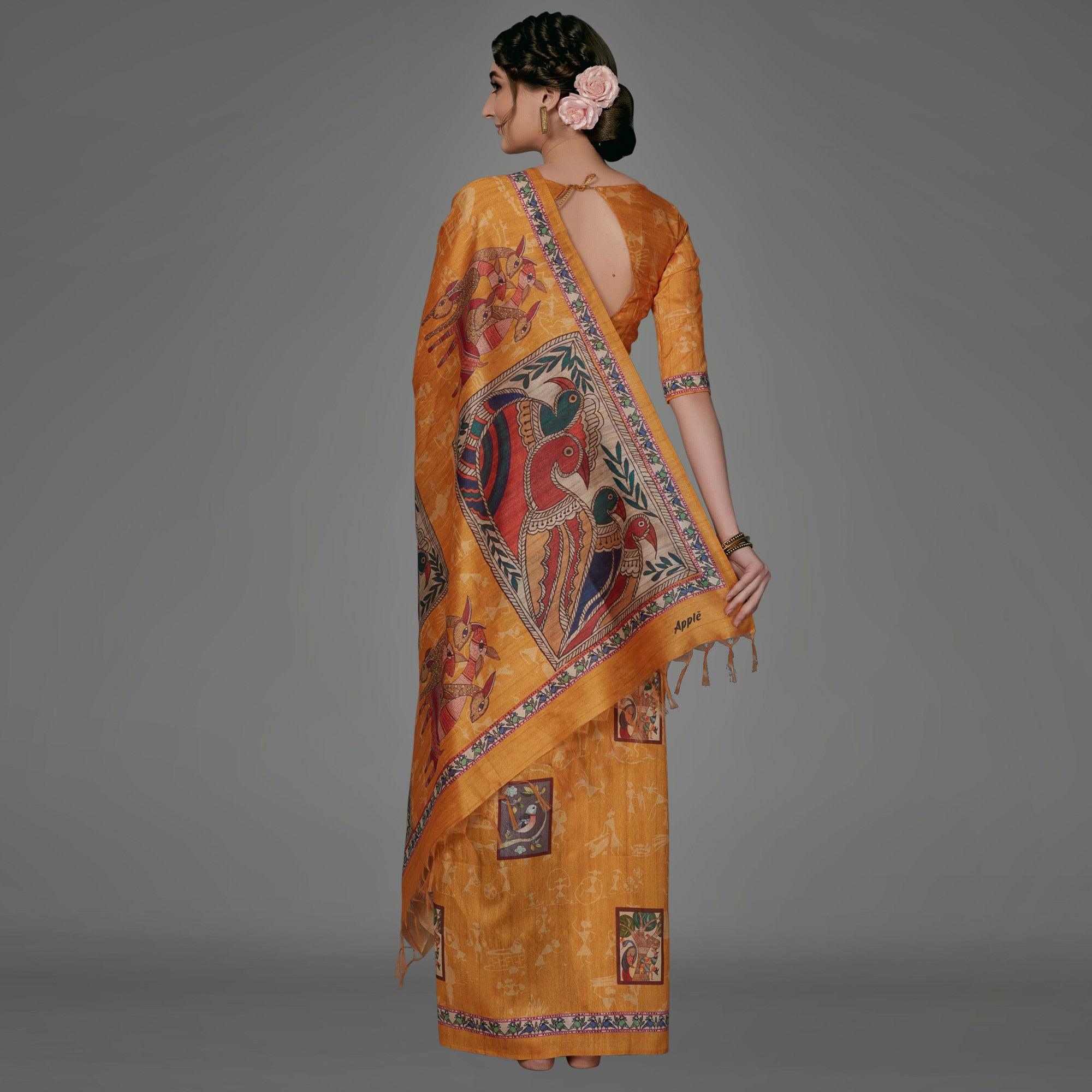 Mustard Casual Art Silk Printed Saree With Unstitched Blouse - Peachmode