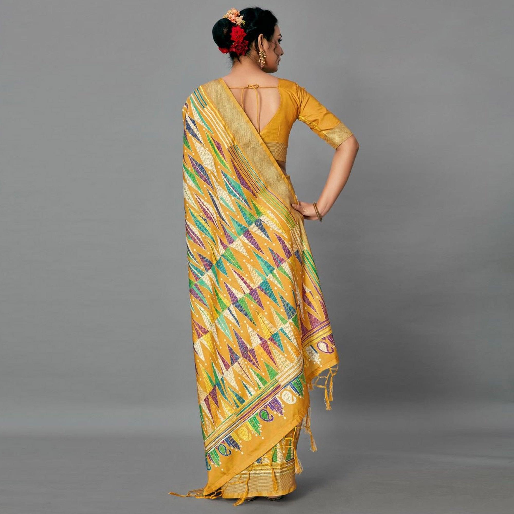 Mustard Casual Art Silk Printed Saree With Unstitched Blouse - Peachmode