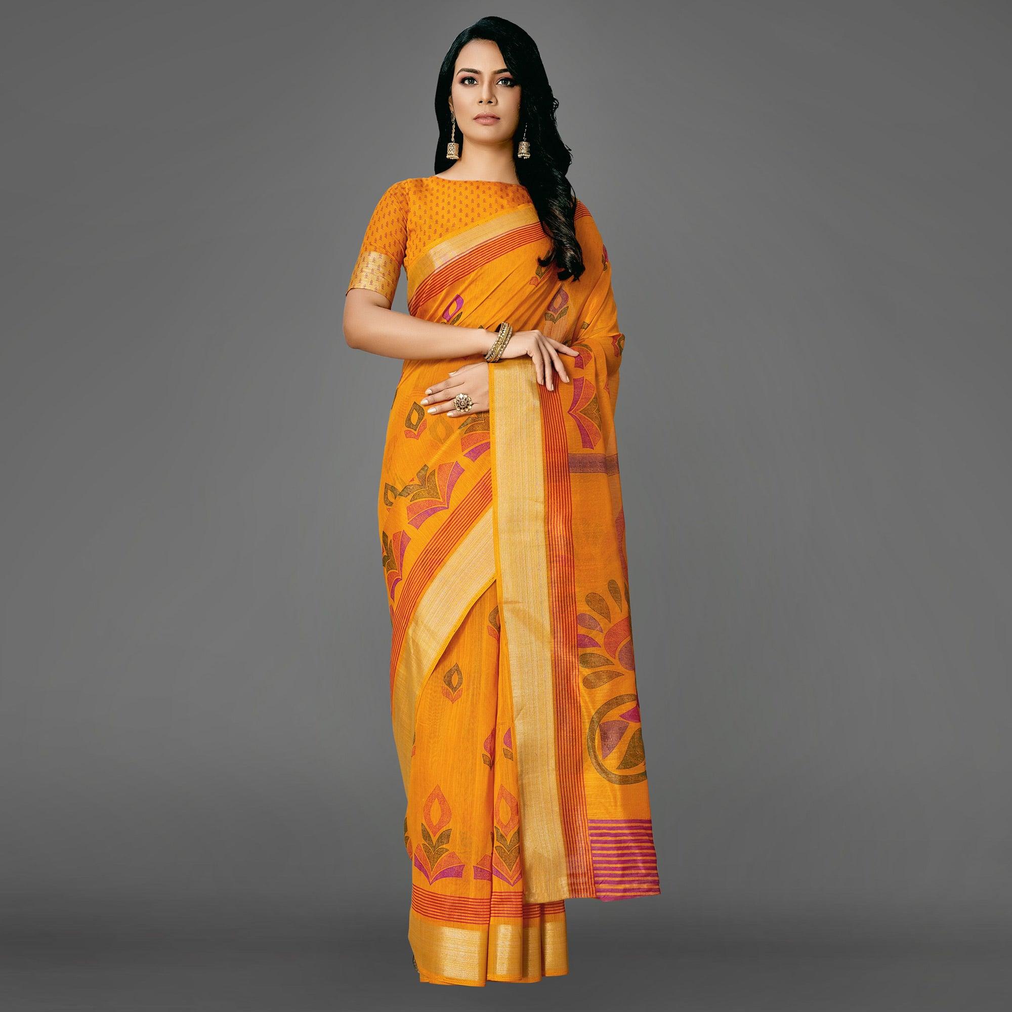 Mustard Casual Cotton Printed Saree With Unstitched Blouse - Peachmode