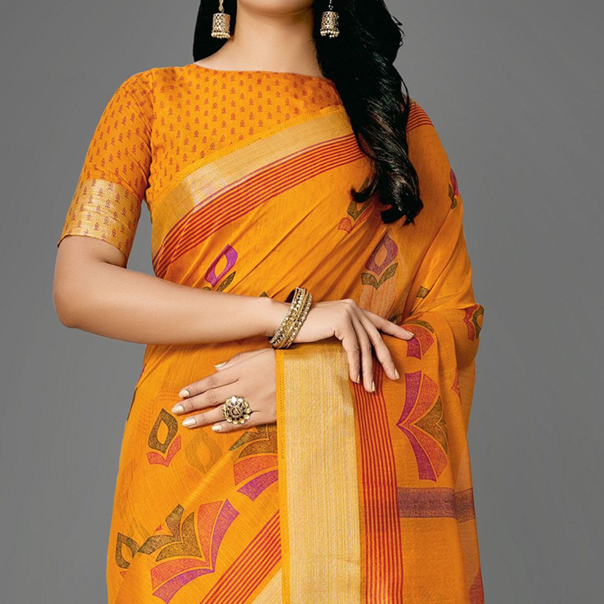 Mustard Casual Cotton Printed Saree With Unstitched Blouse - Peachmode