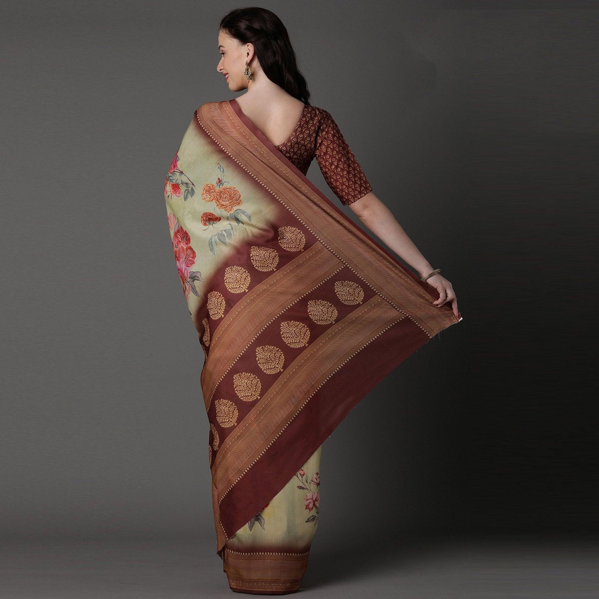 Mustard Casual Cotton Silk Printed Saree With Unstitched Blouse - Peachmode