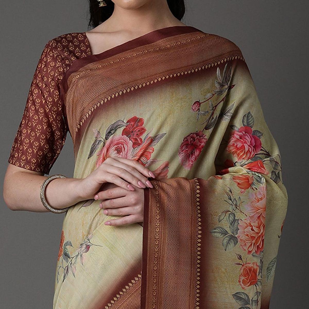 Mustard Casual Cotton Silk Printed Saree With Unstitched Blouse - Peachmode