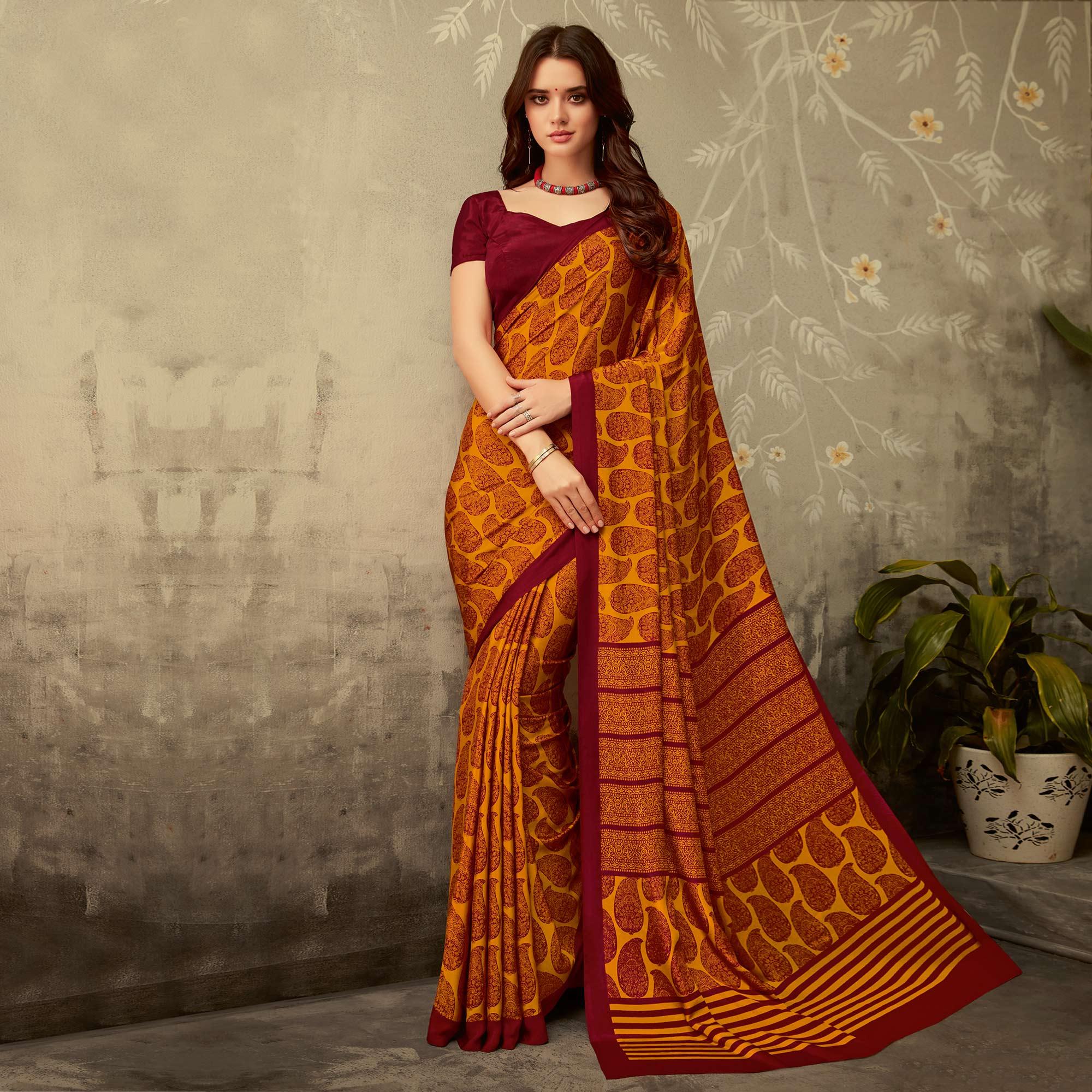 Mustard Casual Printed Crepe Saree - Peachmode