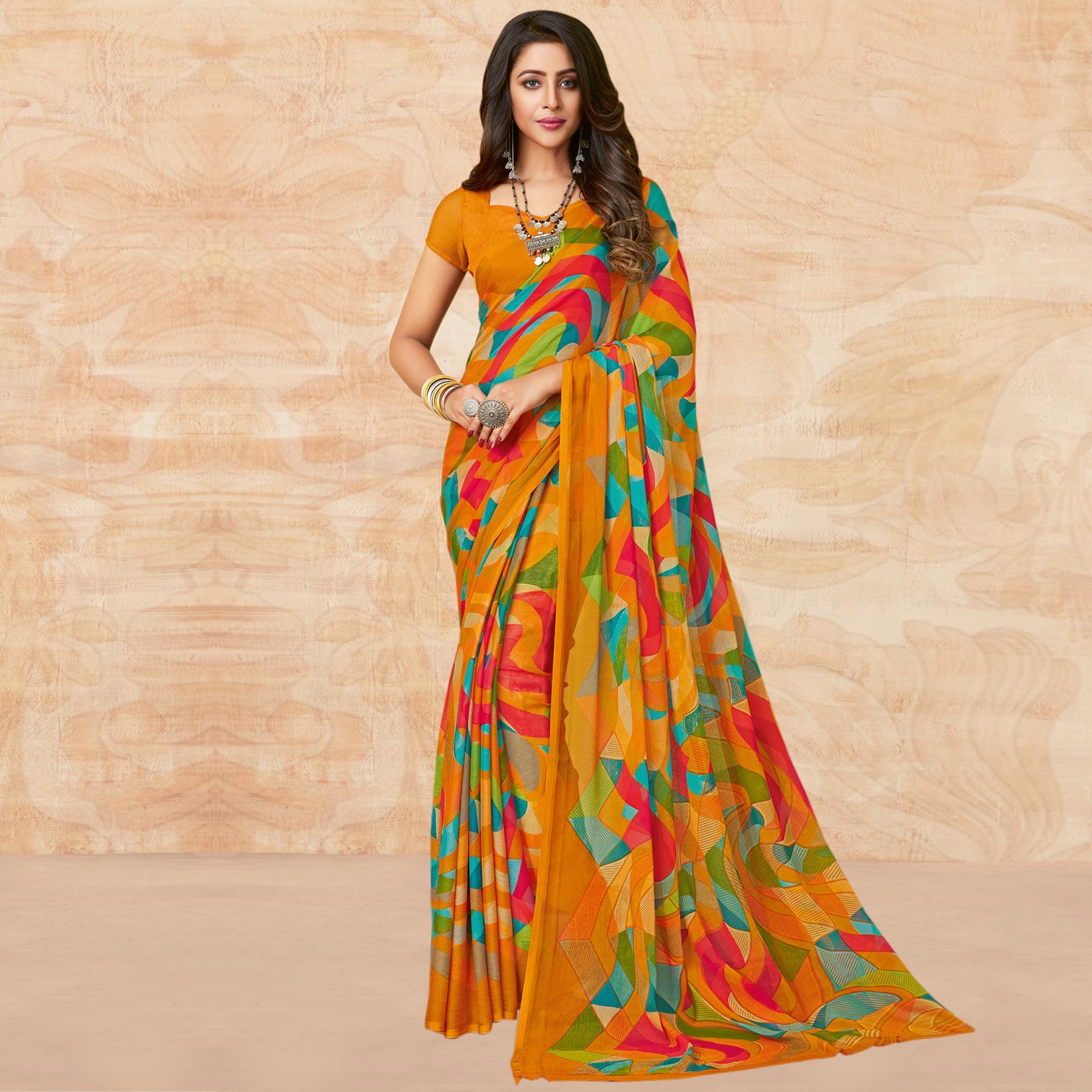Mustard Casual Wear Abstract Printed Chiffon Saree - Peachmode