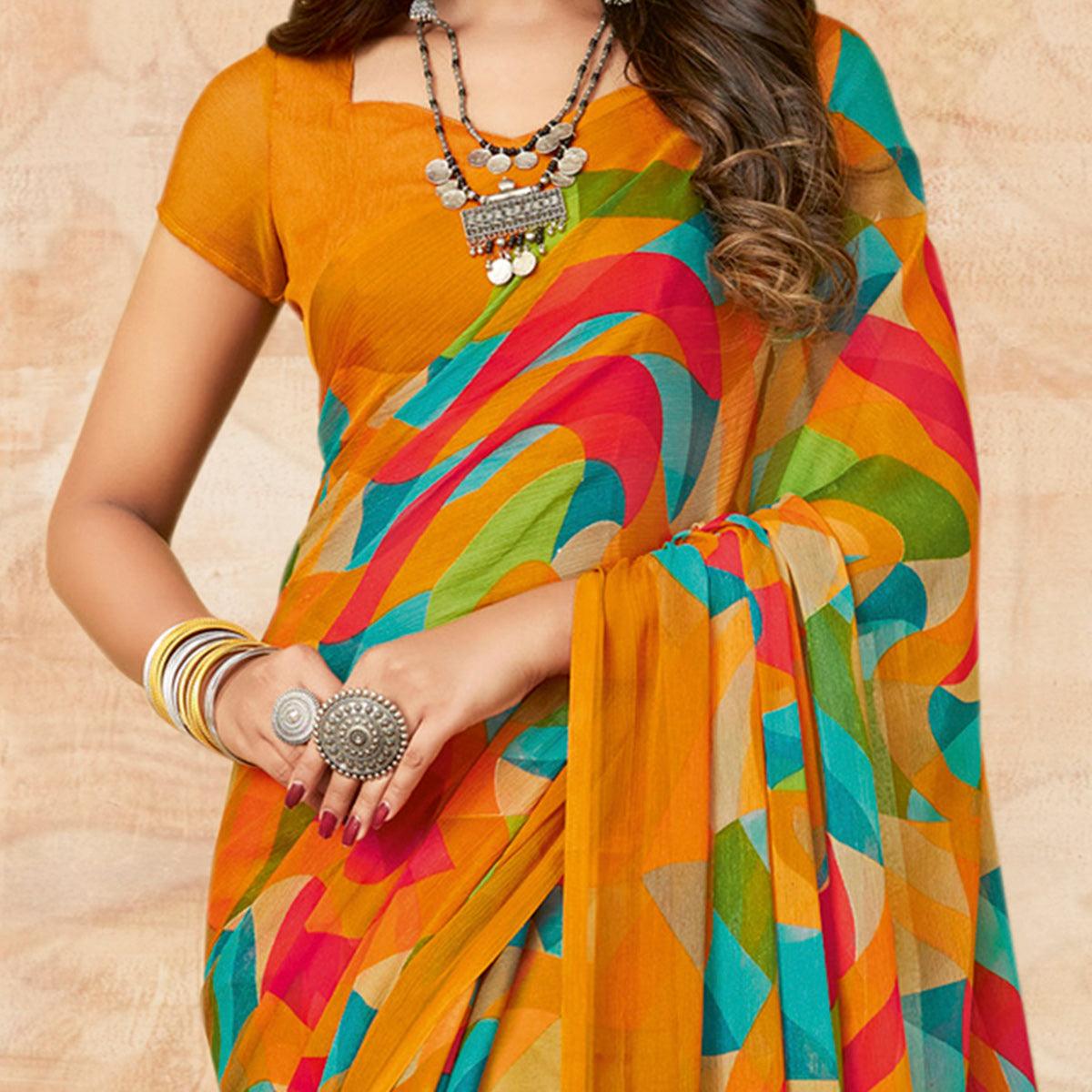 Mustard Casual Wear Abstract Printed Chiffon Saree - Peachmode