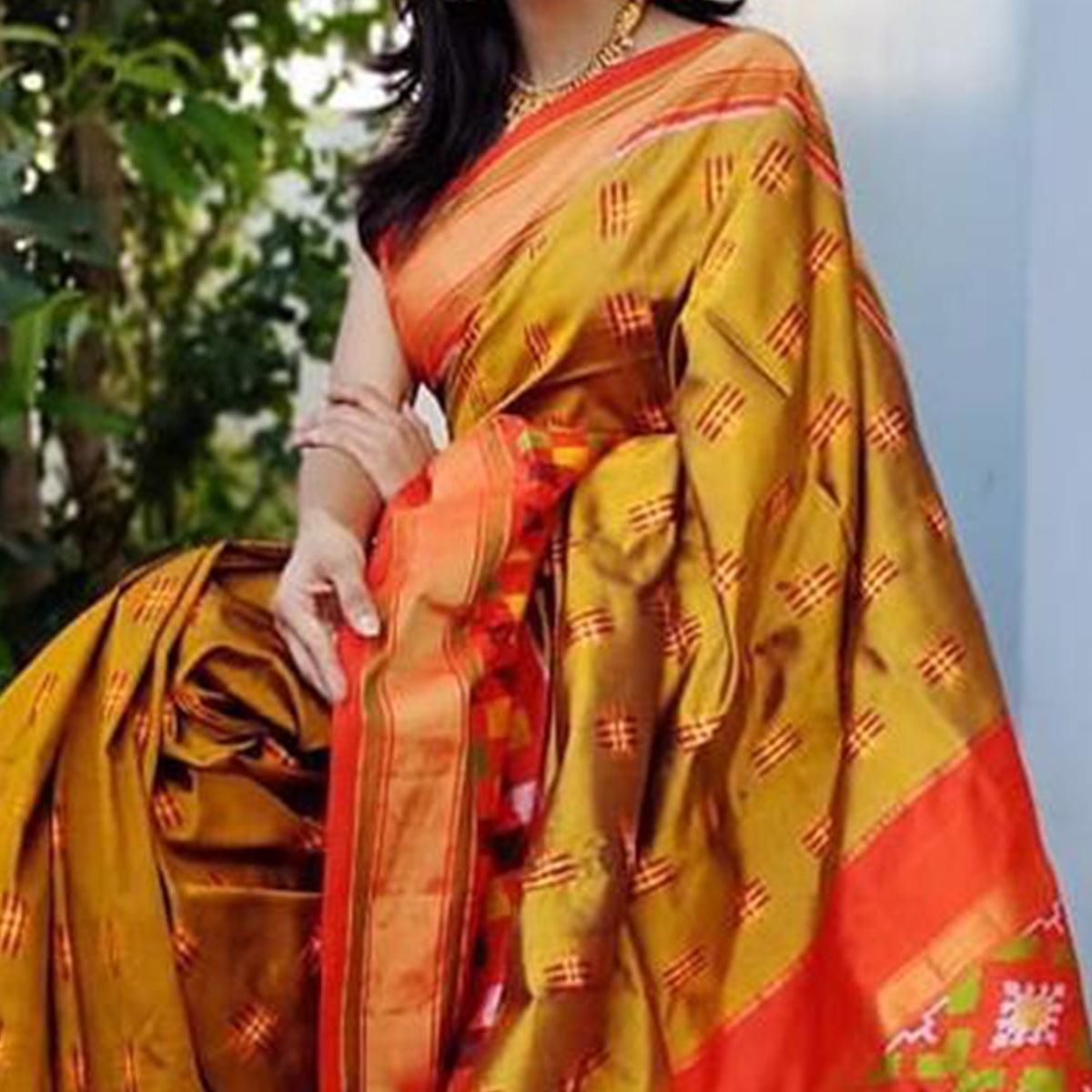 Mustard Casual Wear Designer Hand Block Printed Cotton Linen Saree - Peachmode