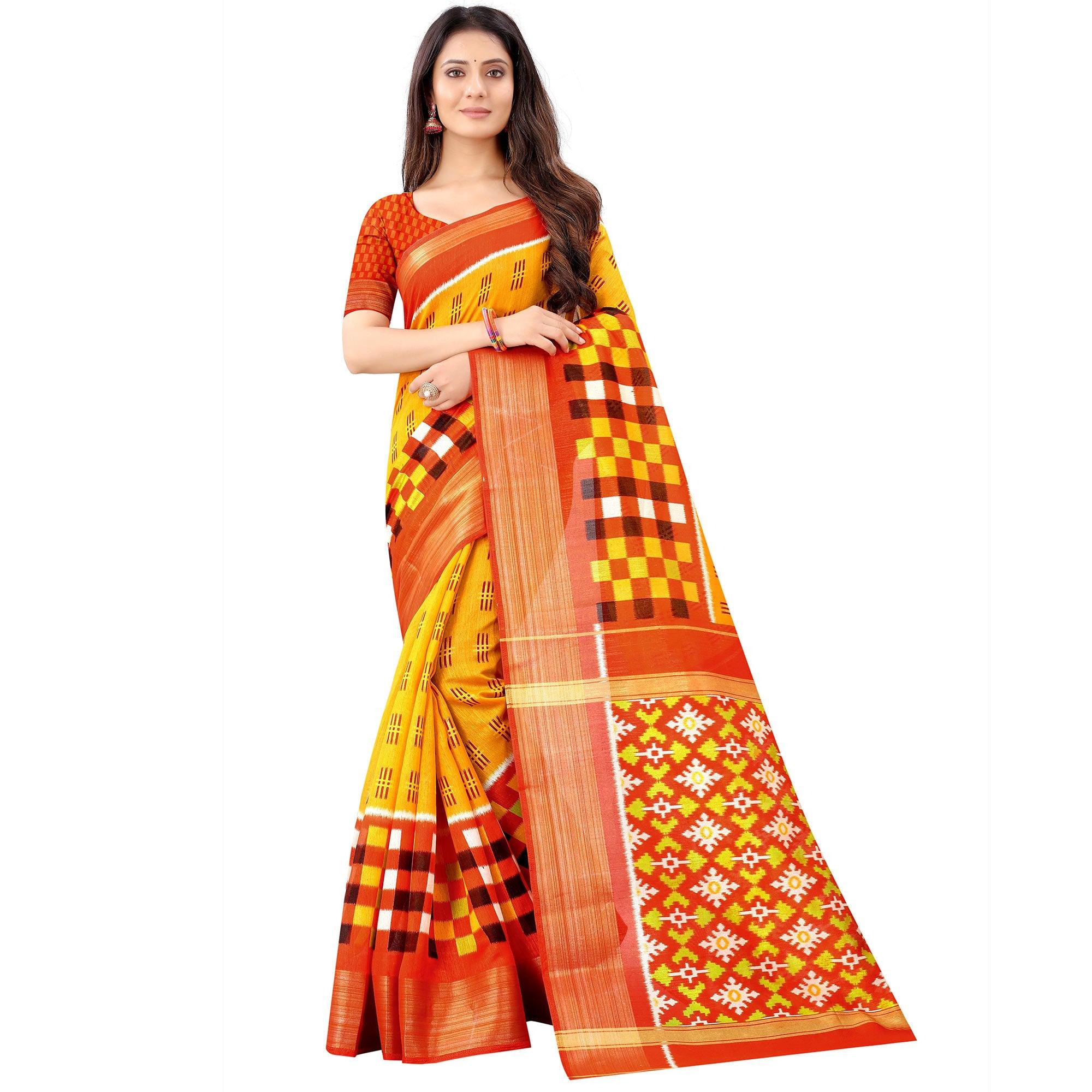 Mustard Casual Wear Designer Hand Block Printed Cotton Linen Saree - Peachmode