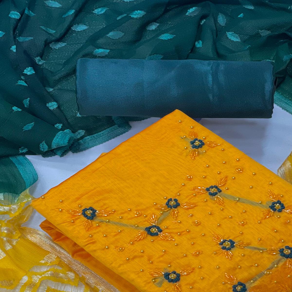 Mustard Casual Wear Embellished Modal Silk Dress Material - Peachmode