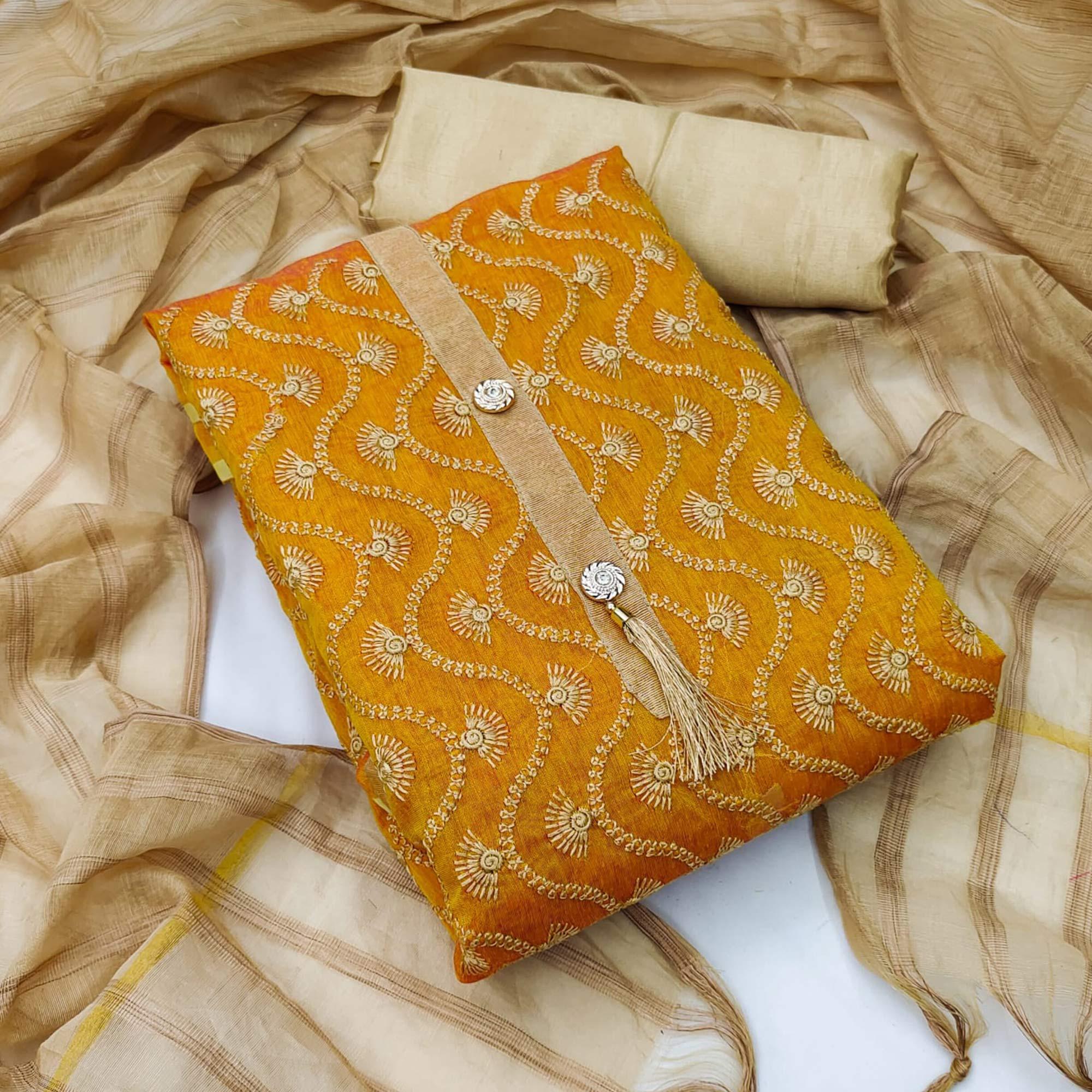 Mustard Casual Wear Embroidered Chanderi Dress Material - Peachmode