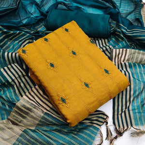 Mustard Casual Wear Embroidered Chanderi Dress Material - Peachmode