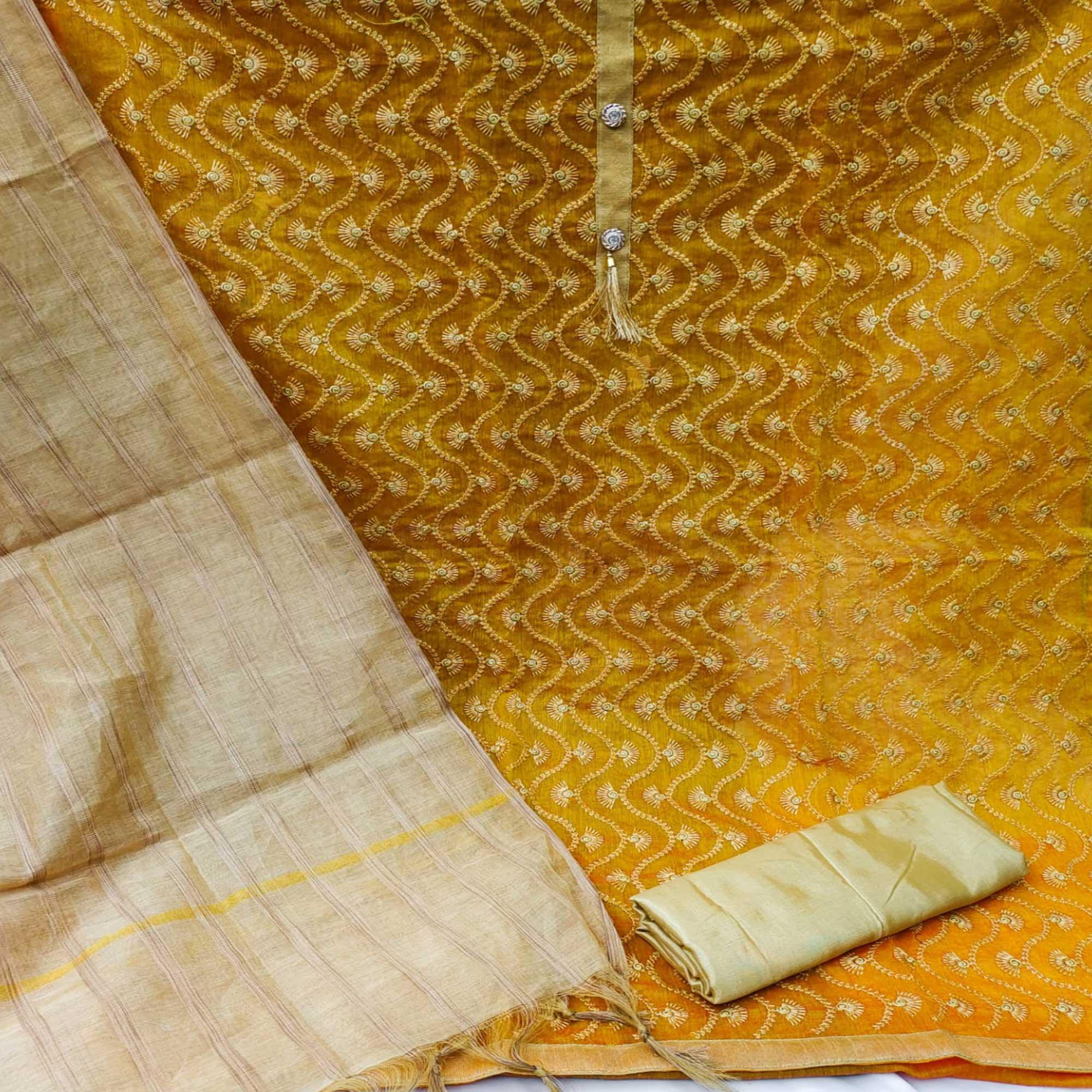 Mustard Casual Wear Embroidered Chanderi Dress Material - Peachmode