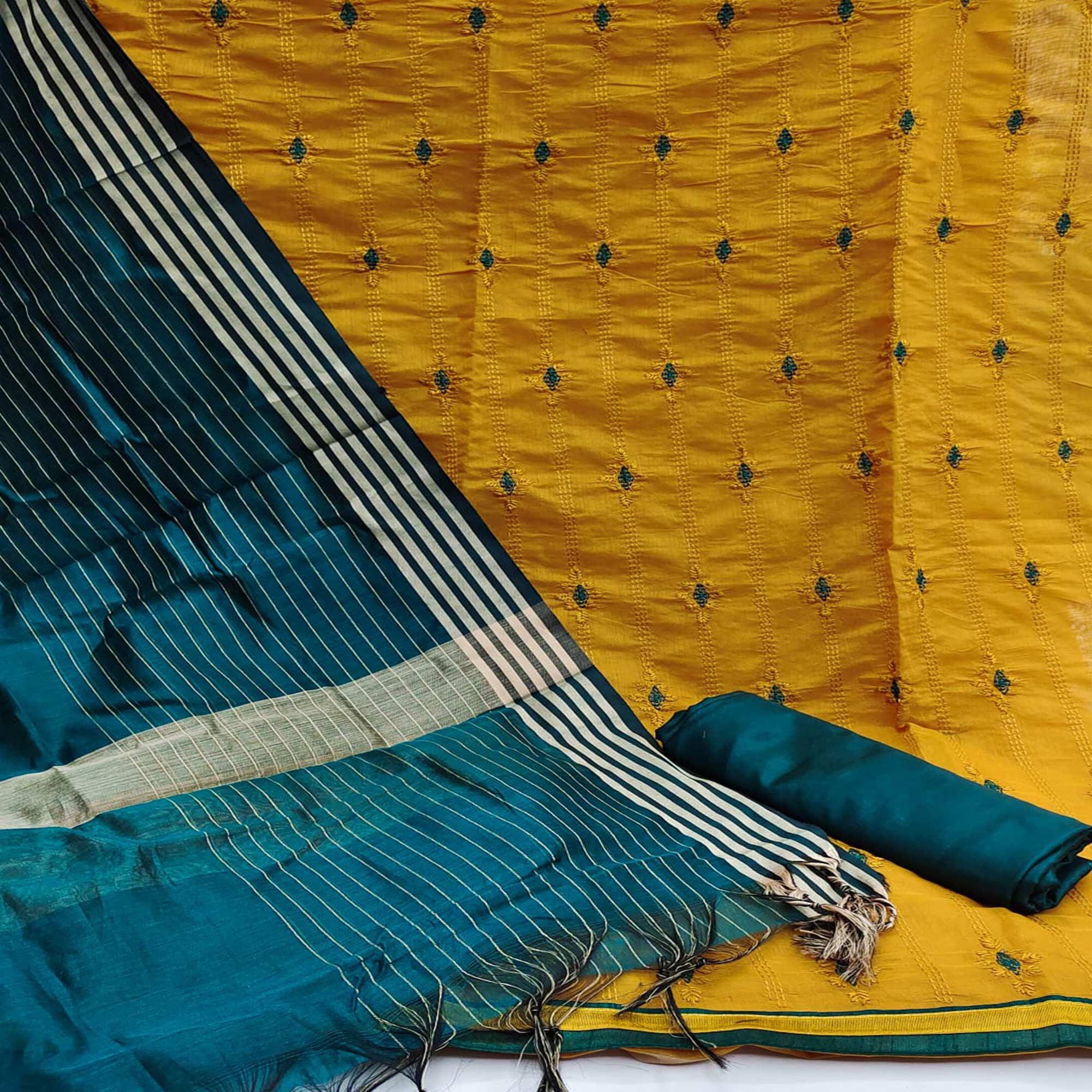 Mustard Casual Wear Embroidered Chanderi Dress Material - Peachmode