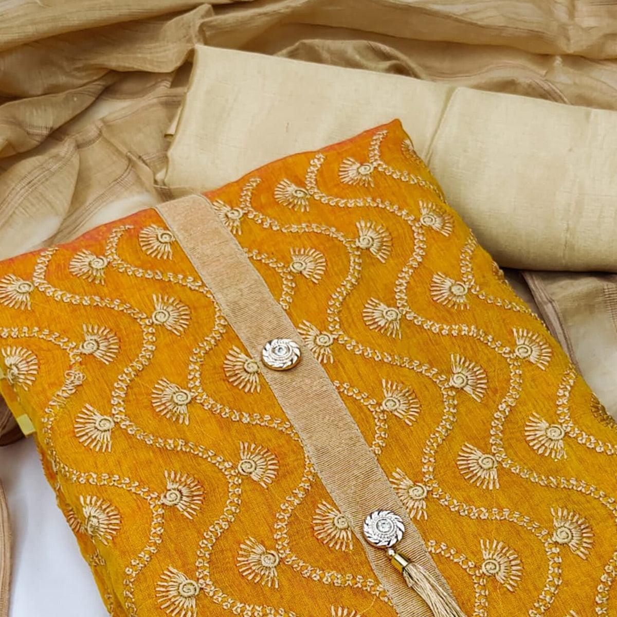 Mustard Casual Wear Embroidered Chanderi Dress Material - Peachmode