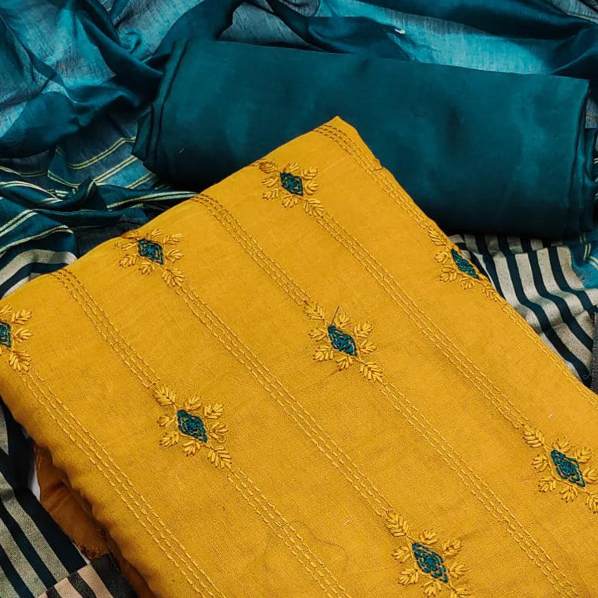 Mustard Casual Wear Embroidered Chanderi Dress Material - Peachmode