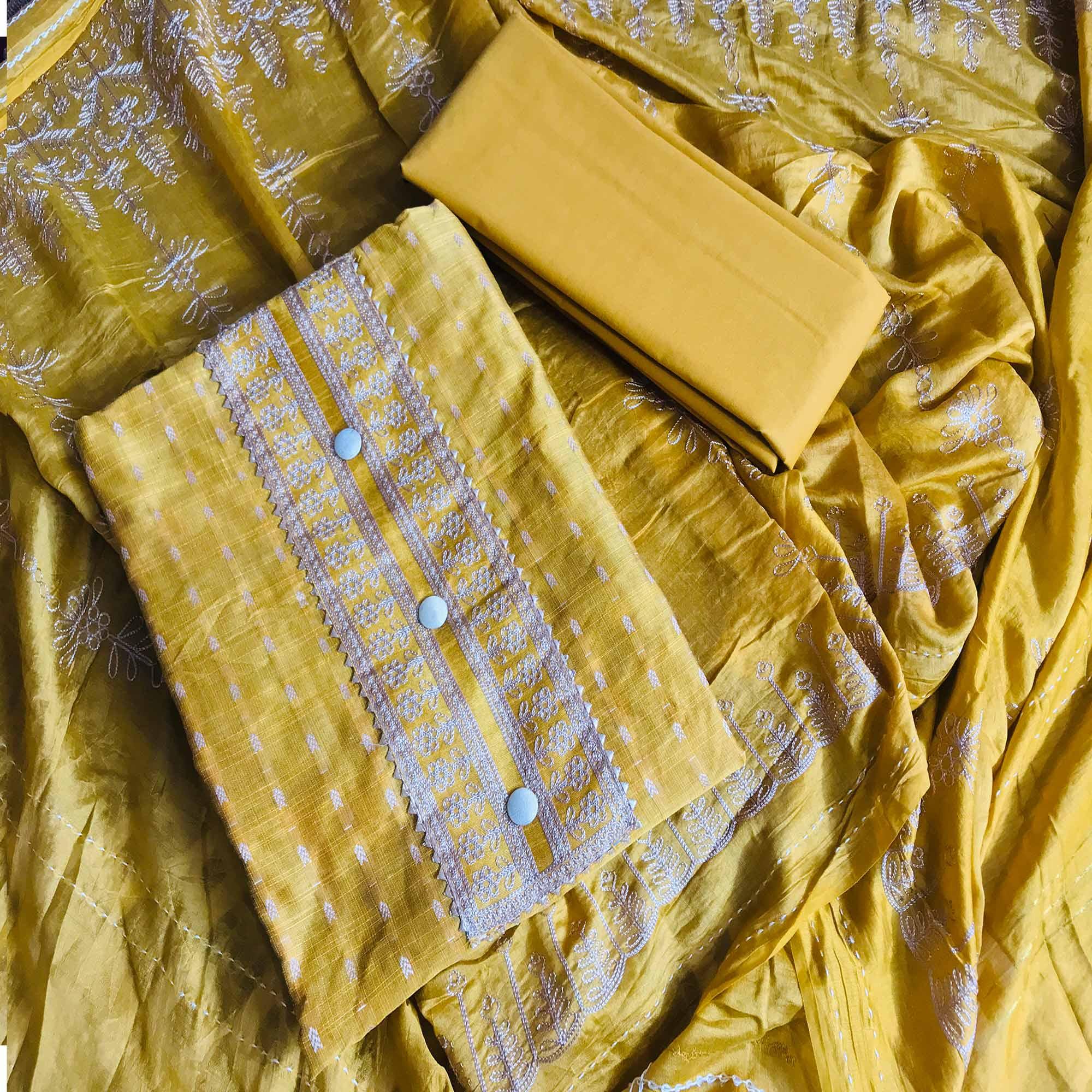 Mustard Casual Wear Embroidered Cotton Dress Material - Peachmode