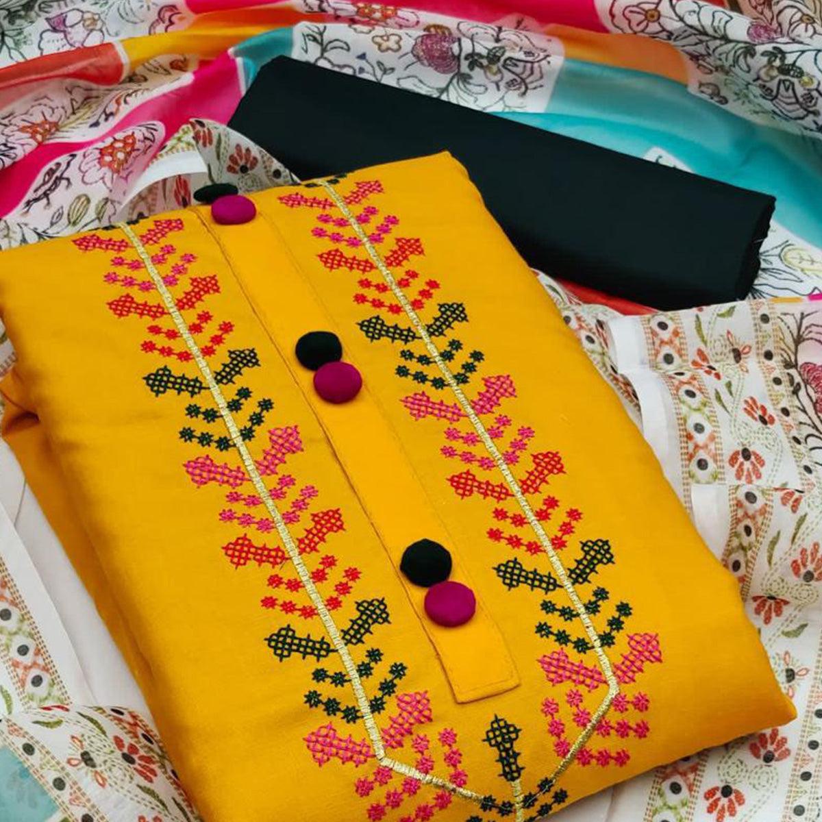 Mustard Casual Wear Embroidered Cotton Dress Material - Peachmode
