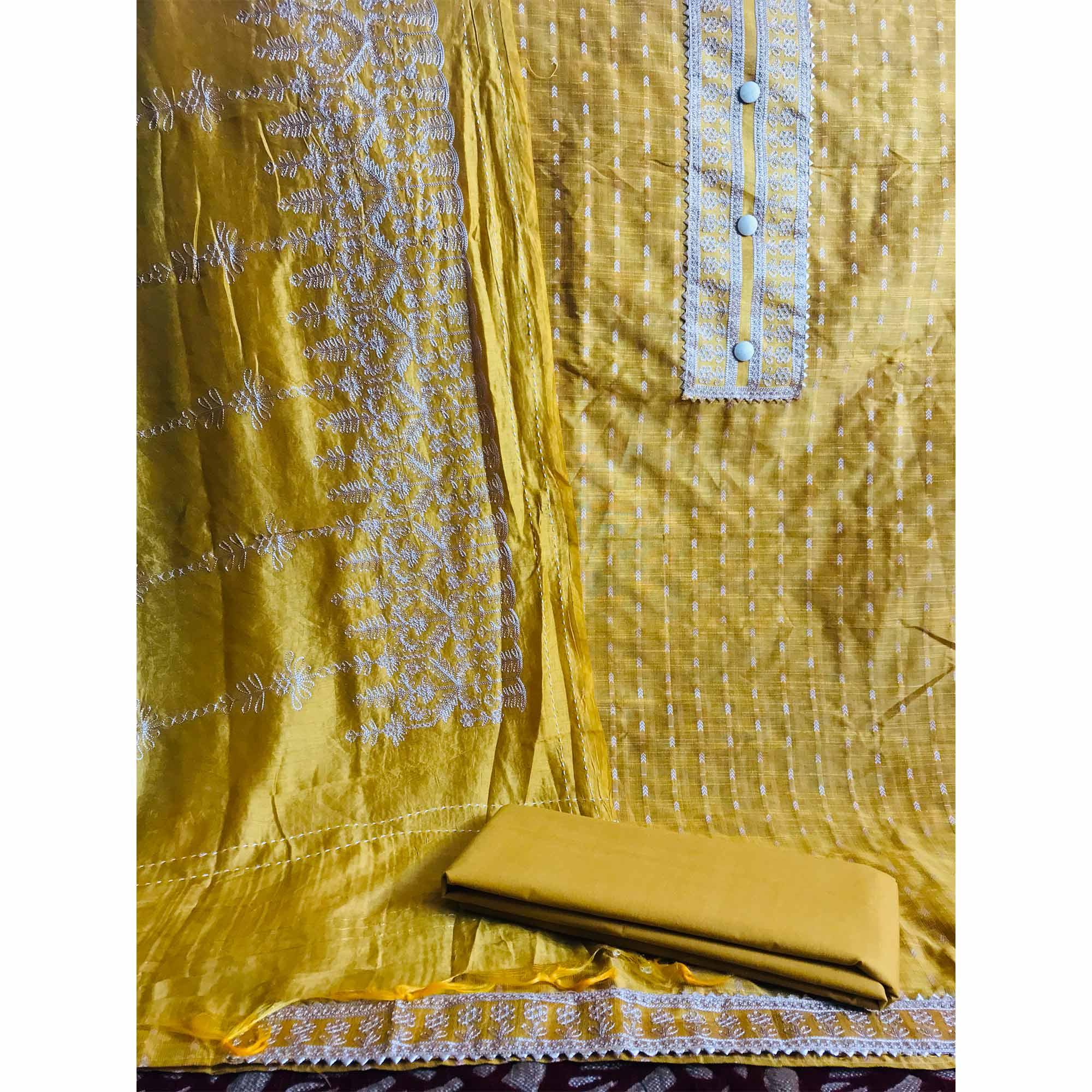 Mustard Casual Wear Embroidered Cotton Dress Material - Peachmode