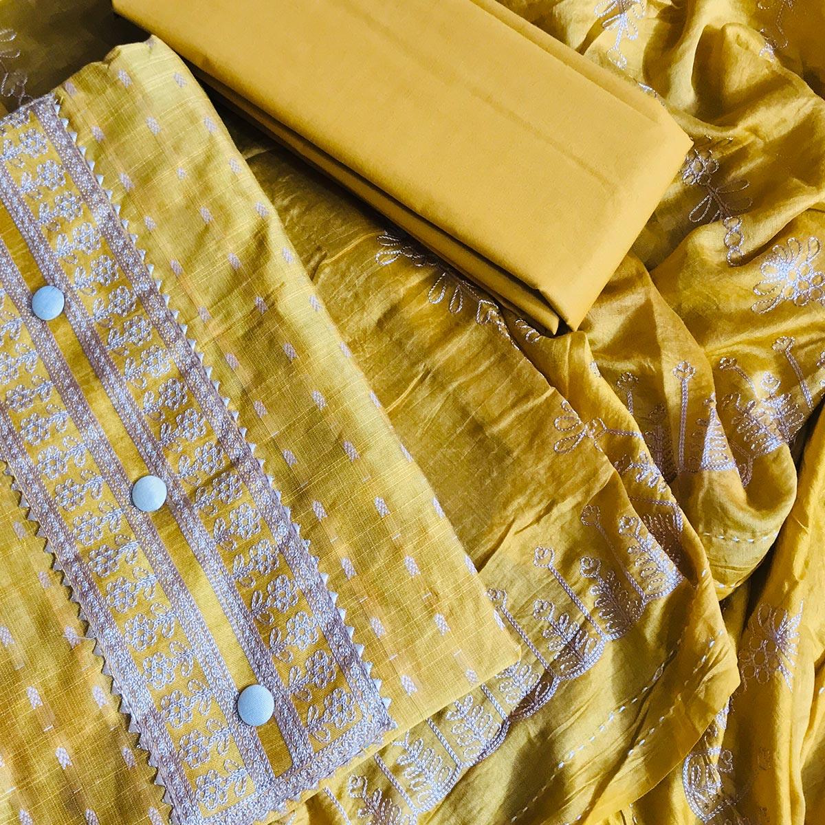 Mustard Casual Wear Embroidered Cotton Dress Material - Peachmode