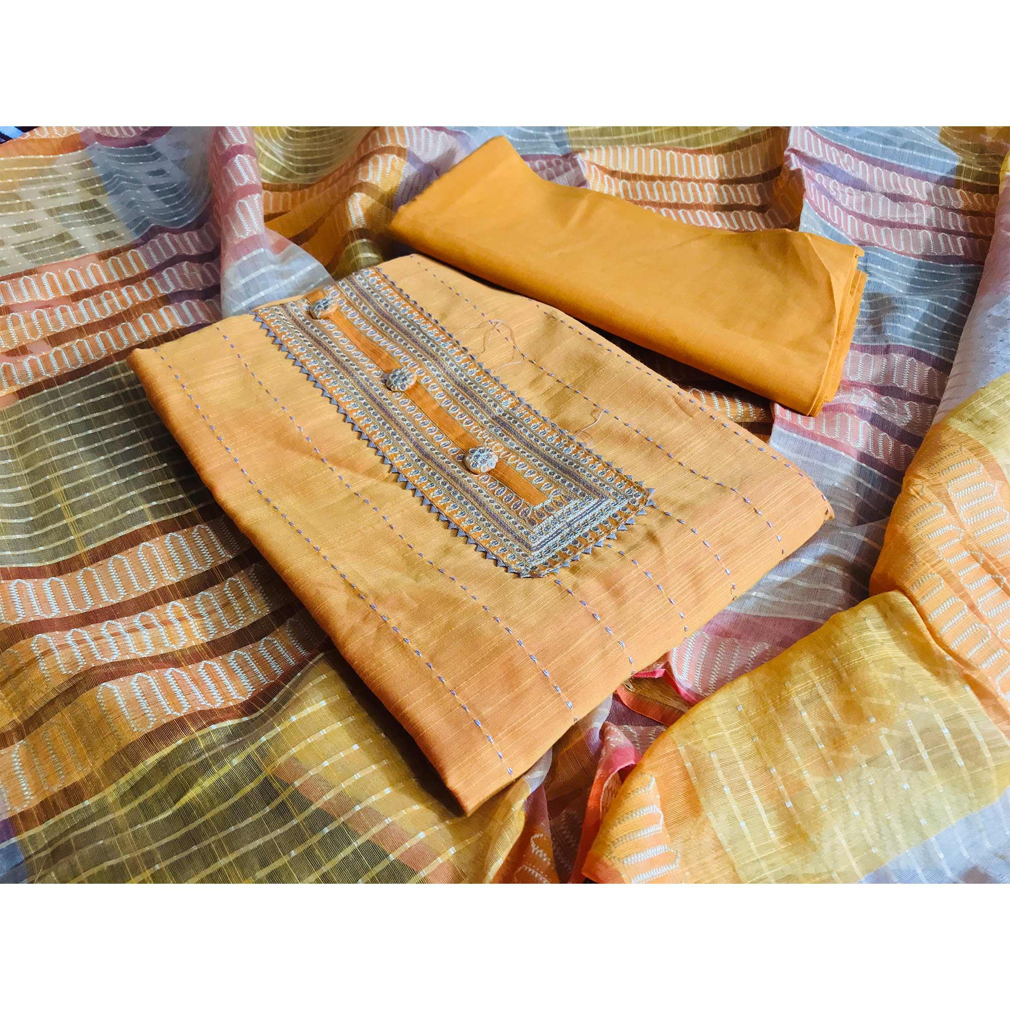 Mustard Casual Wear Embroidered Cotton Silk Dress Material - Peachmode