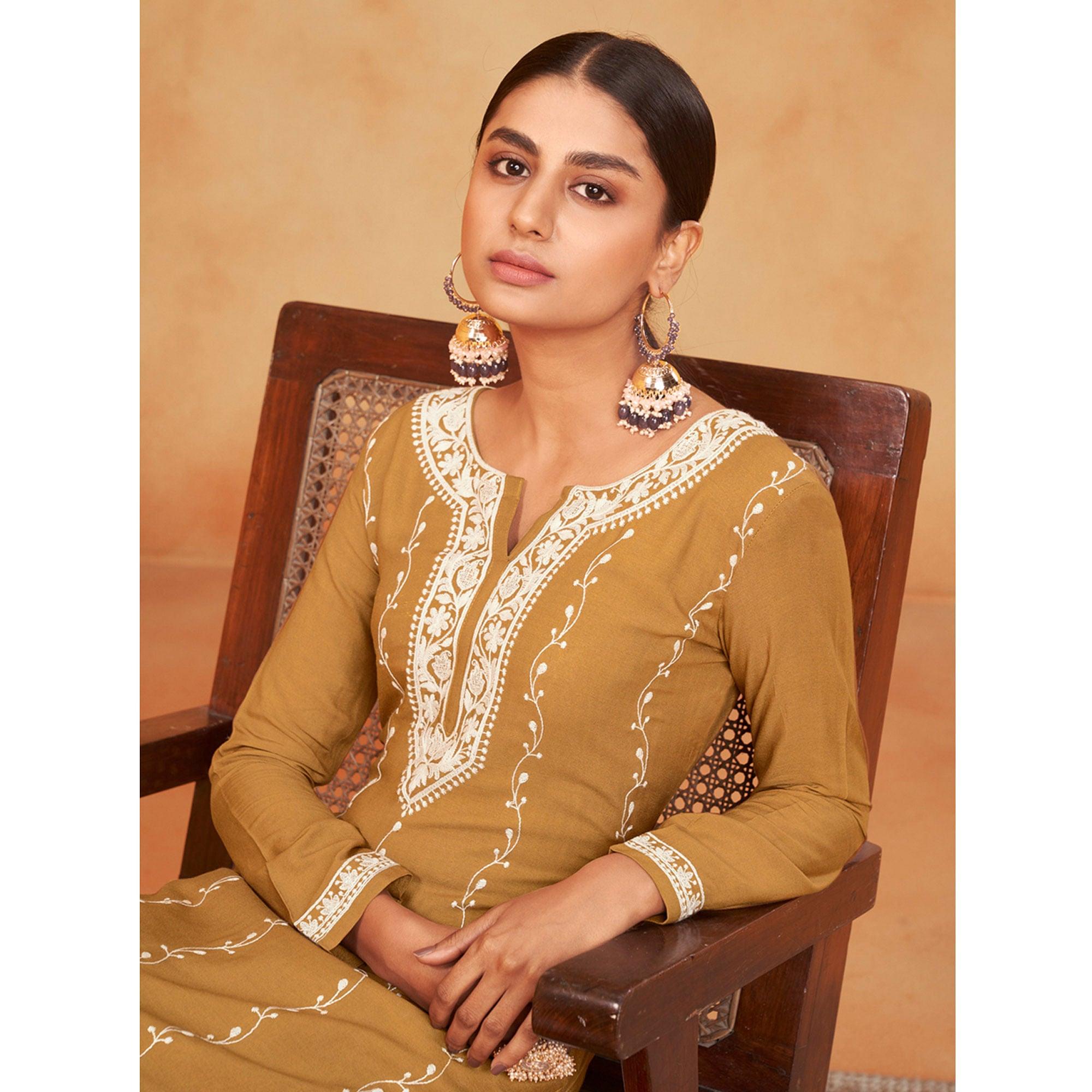 Mustard Casual Wear Embroidered Pure Rayon Viscose Kurti - Peachmode