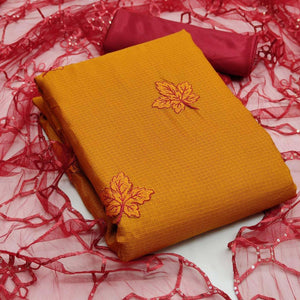 Mustard Casual Wear Embroidery With Kota Checks Dress Material - Peachmode