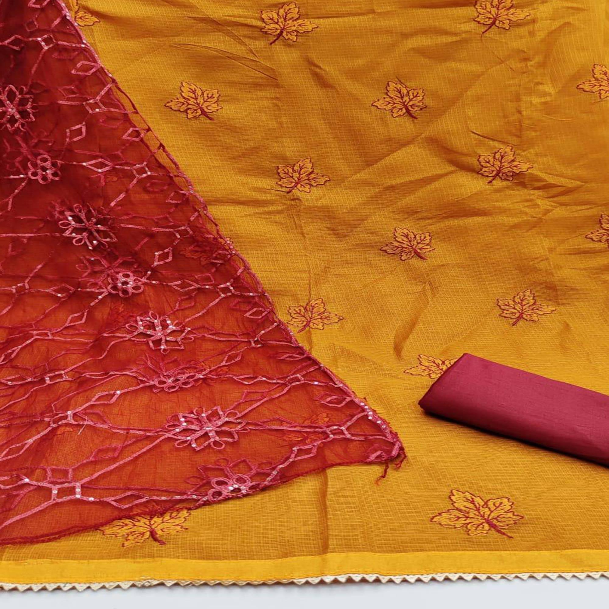 Mustard Casual Wear Embroidery With Kota Checks Dress Material - Peachmode