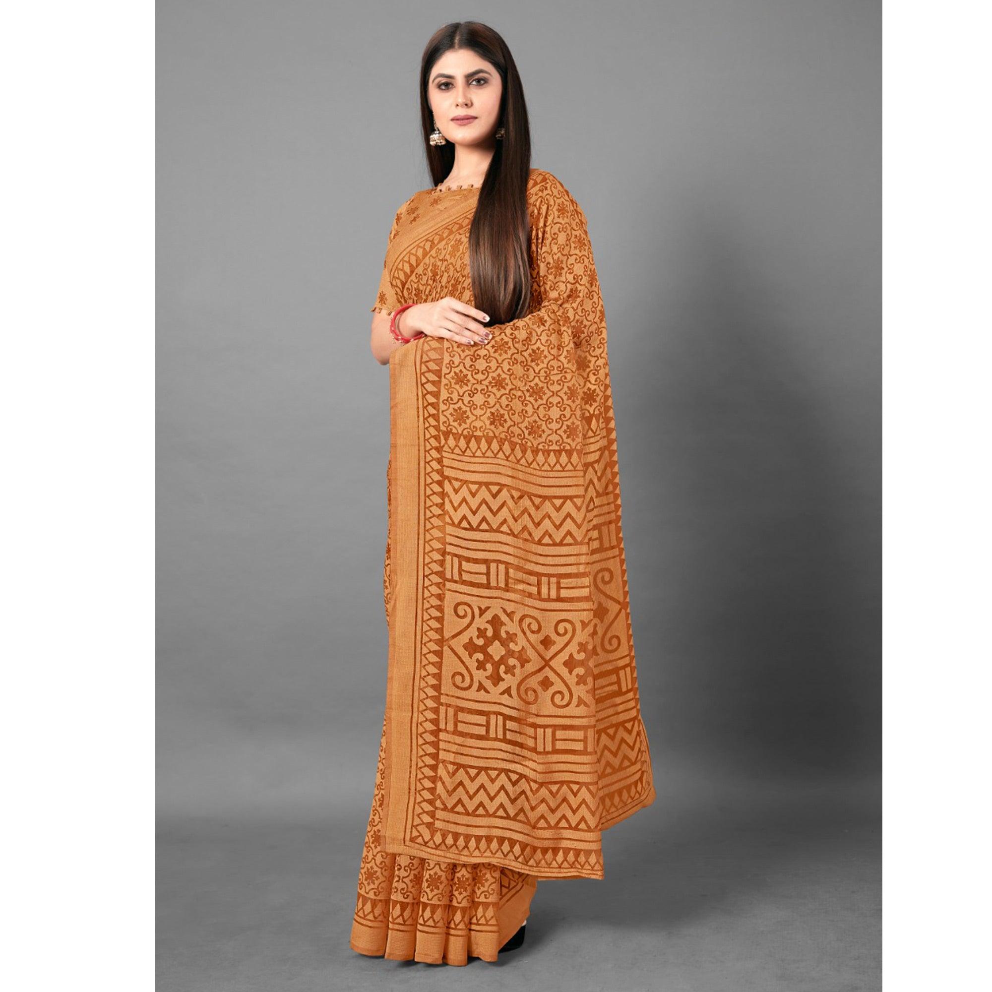 Mustard Casual Wear Floral Brasso Saree - Peachmode
