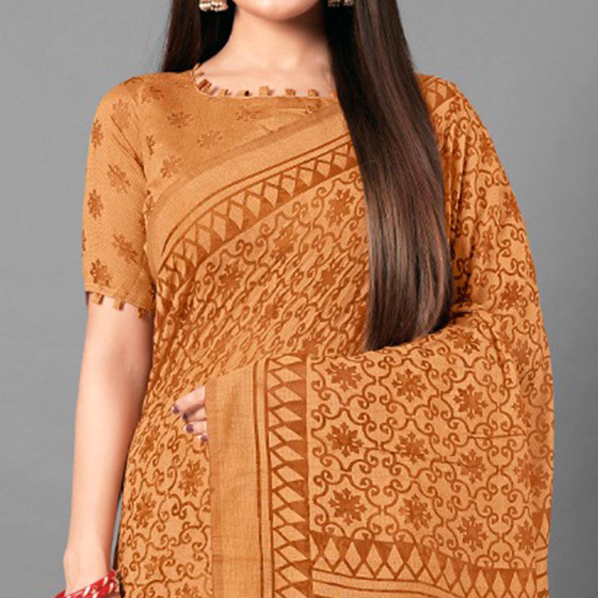 Mustard Casual Wear Floral Brasso Saree - Peachmode