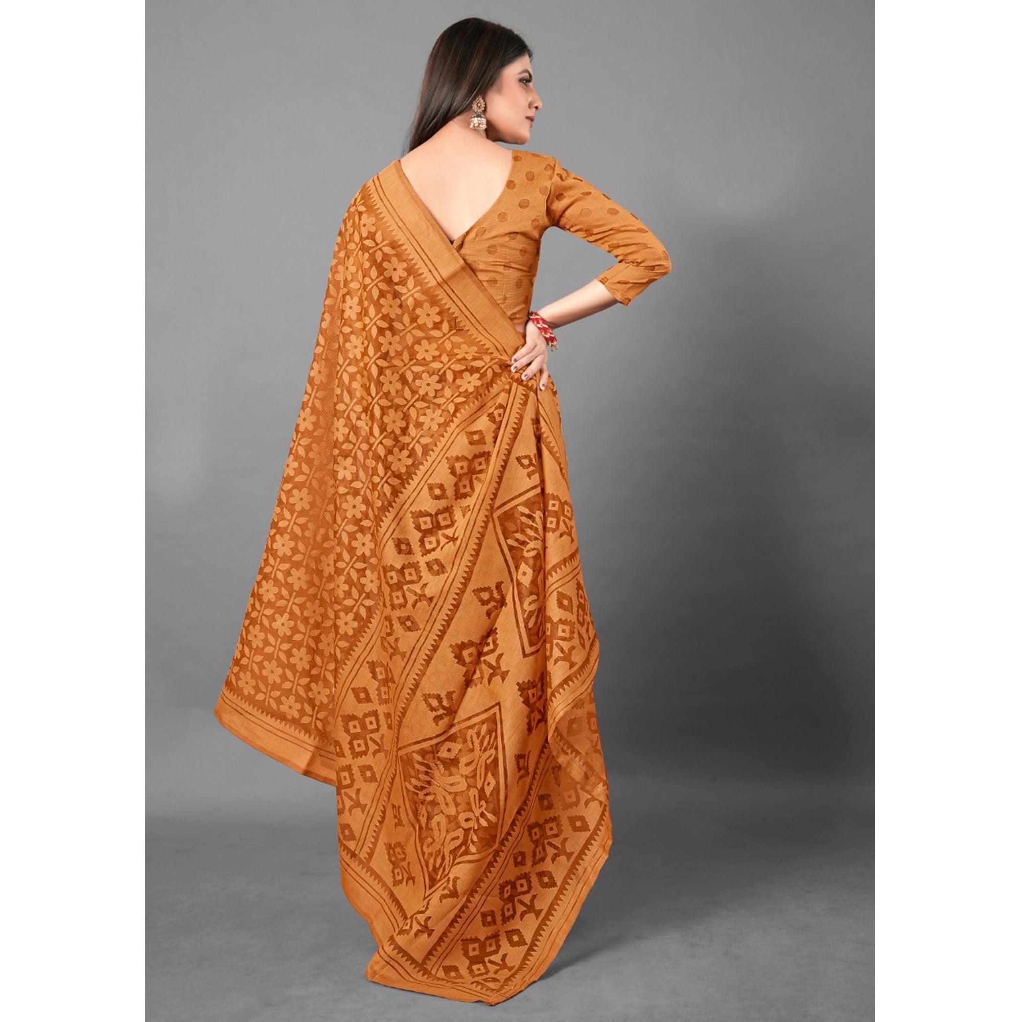 Mustard Casual Wear Floral Brasso Saree - Peachmode