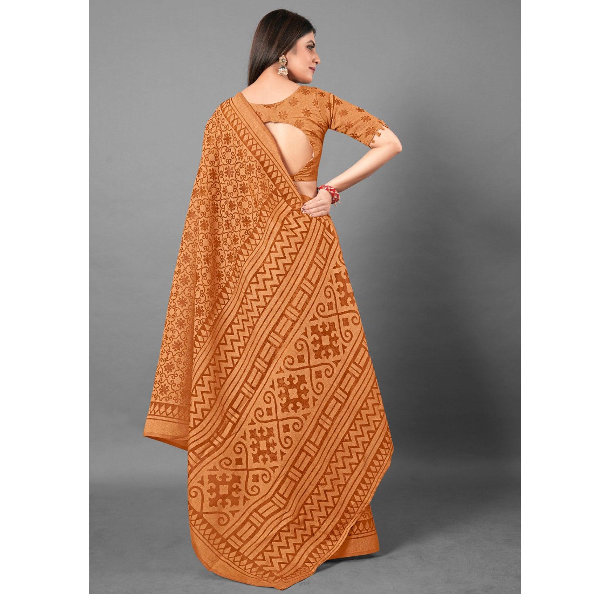 Mustard Casual Wear Floral Brasso Saree - Peachmode