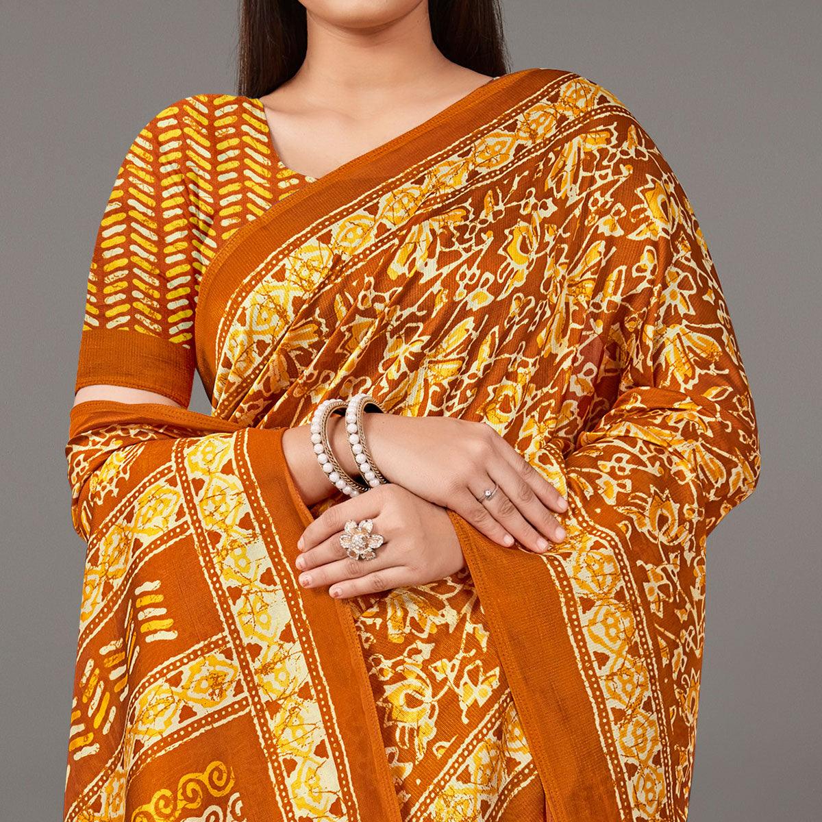 Mustard Casual Wear Floral Printed Art Silk Saree - Peachmode